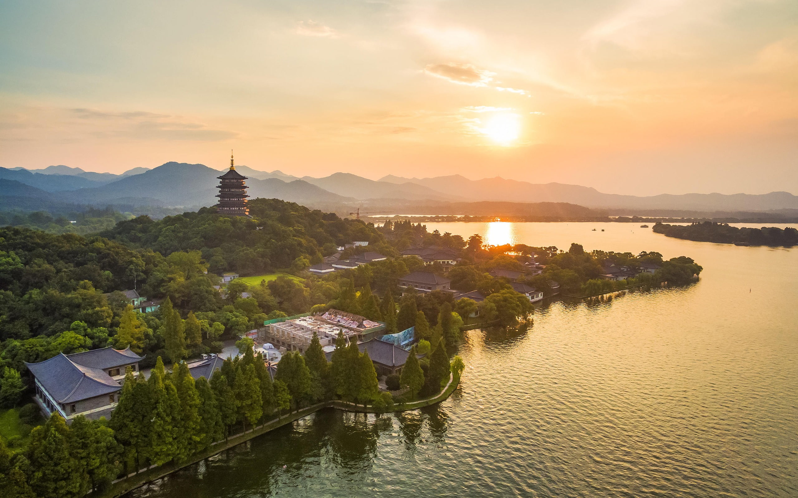 building, tree, scenery, outdoors, hd, orange color, no people, mountain, cloud - sky, tranquility, sun, g, architecture, sunset, china, 2K, HD Wallpaper
