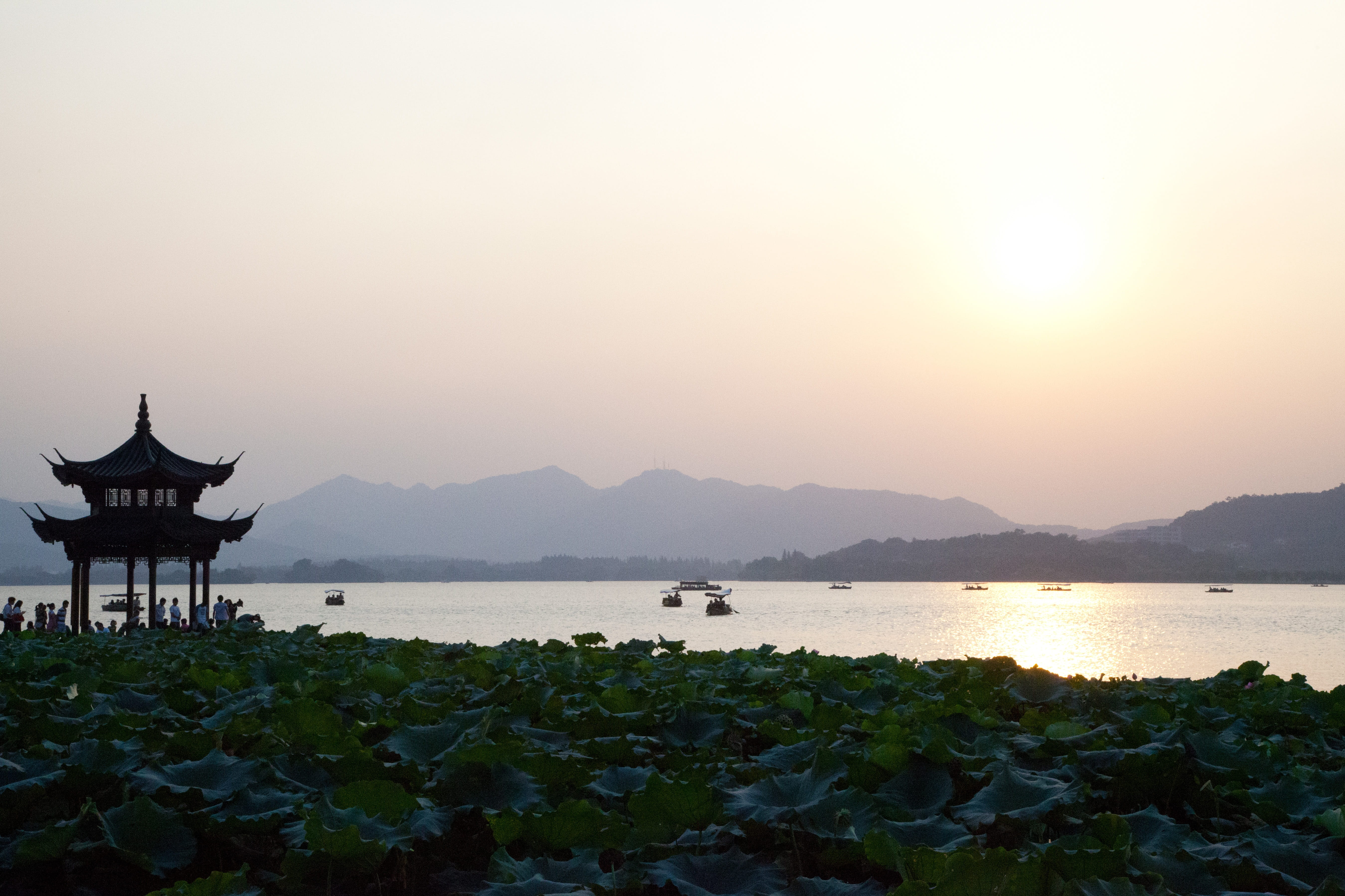 nautical vessel, travel, beach, tranquility, water, lake, scenics, beauty in nature, travel destinations, body, incidental people, Hangzhou, Sunset, nature, HD Wallpaper