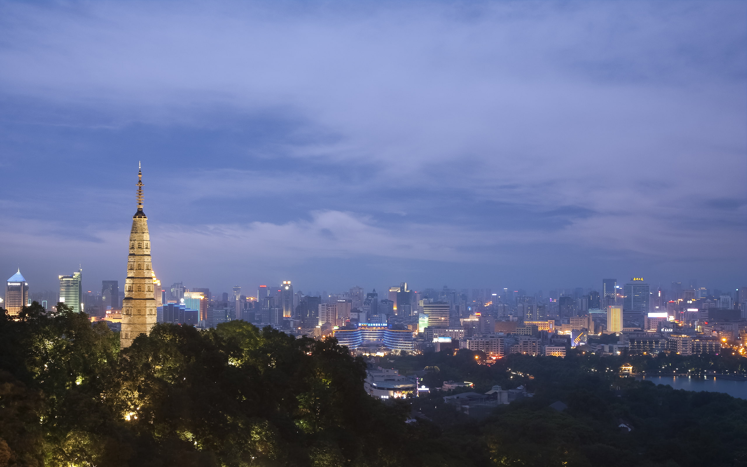 the city, Hangzhou, China, 2K, home, lights, building, lighting, backlight, the evening, panorama, HD Wallpaper