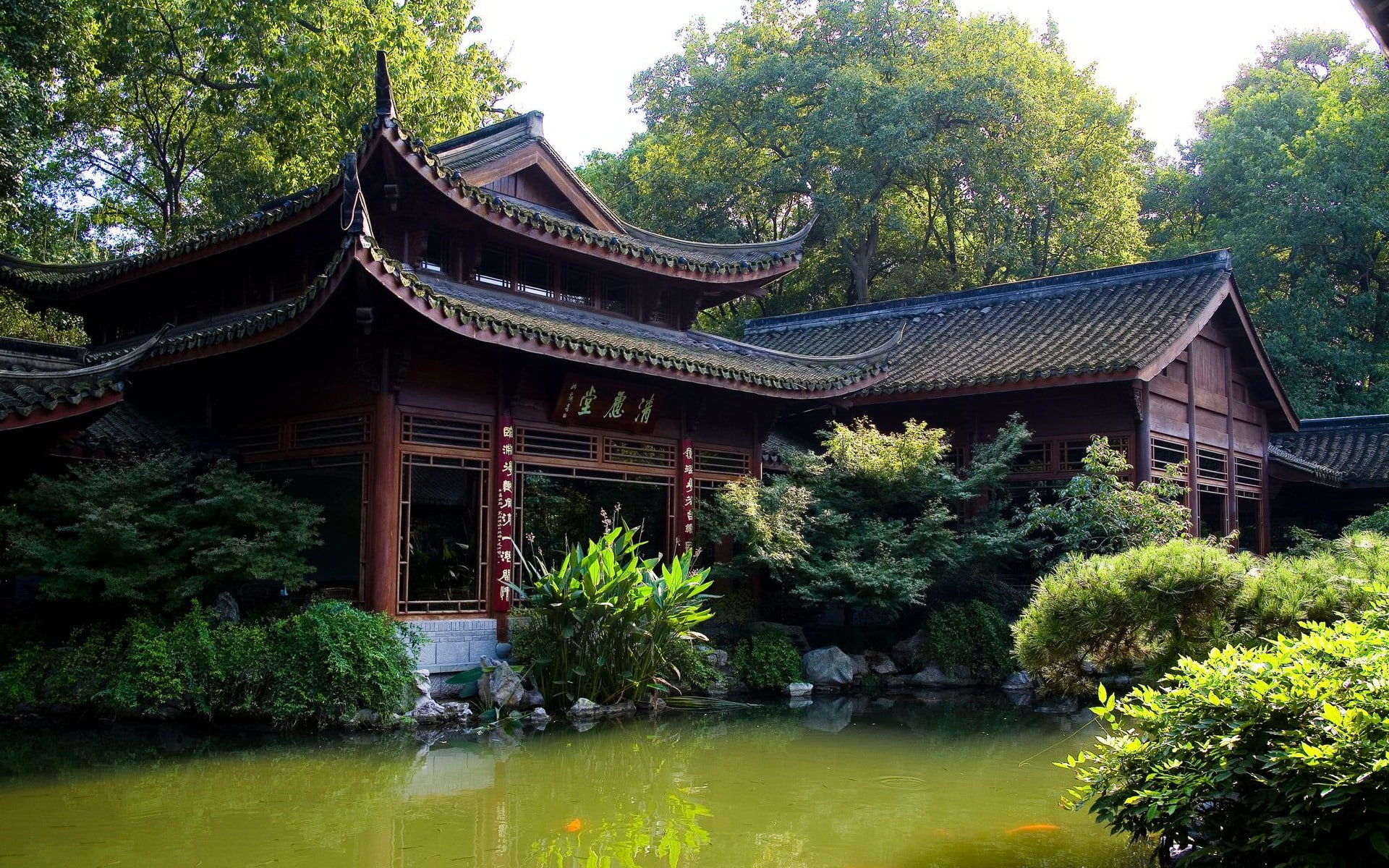 water, nature, outdoors, no people, hangzhou, religion, architecture, building exterior, 1080P, plant, hd, lake, day, green color, tree, scenery, HD Wallpaper