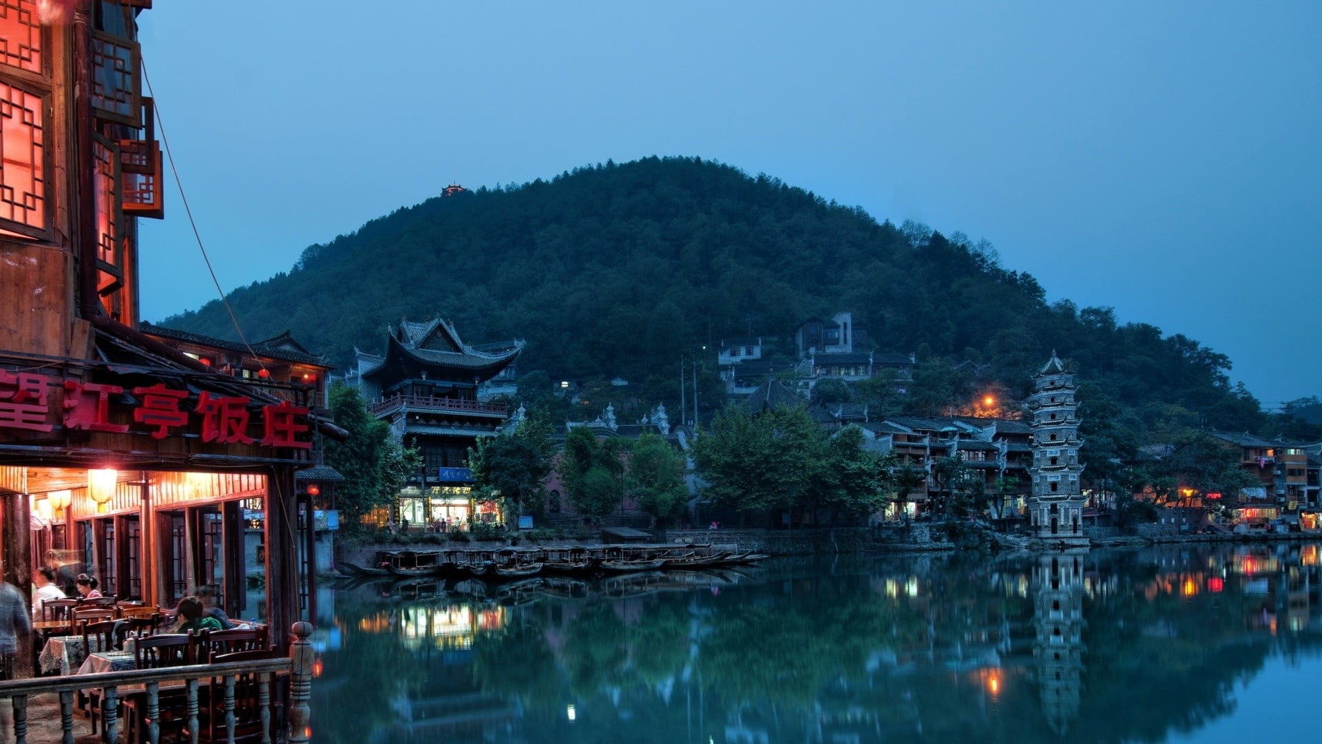 history, water, trees, famous Place, transportation, river, waterfront, lake, outdoors, travel, cultures, sky, pagoda, reflection, illuminated, tranquil Scene, HD Wallpaper