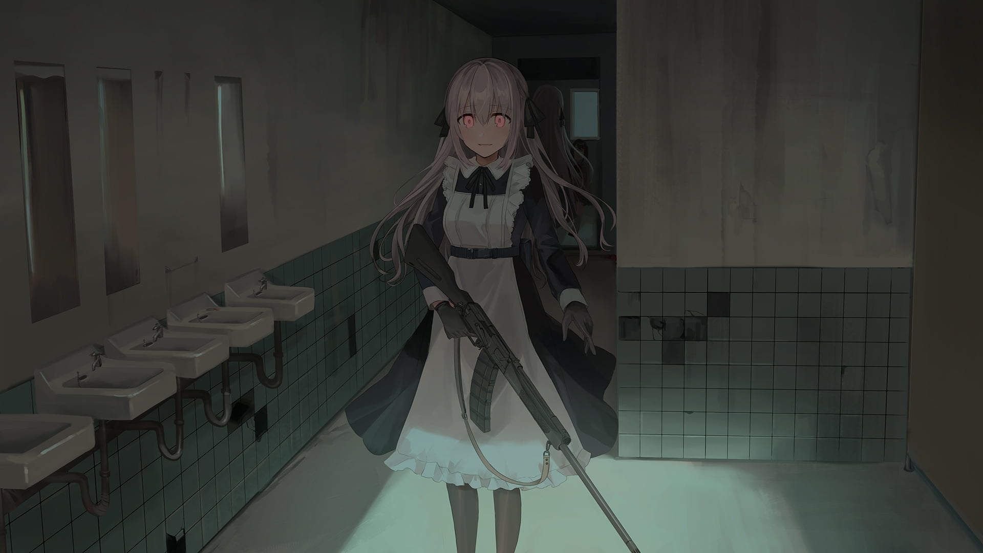 red eyes, maid outfit, pink hair, 1080P, Chihuri 45, AK-12, weapon, HD Wallpaper