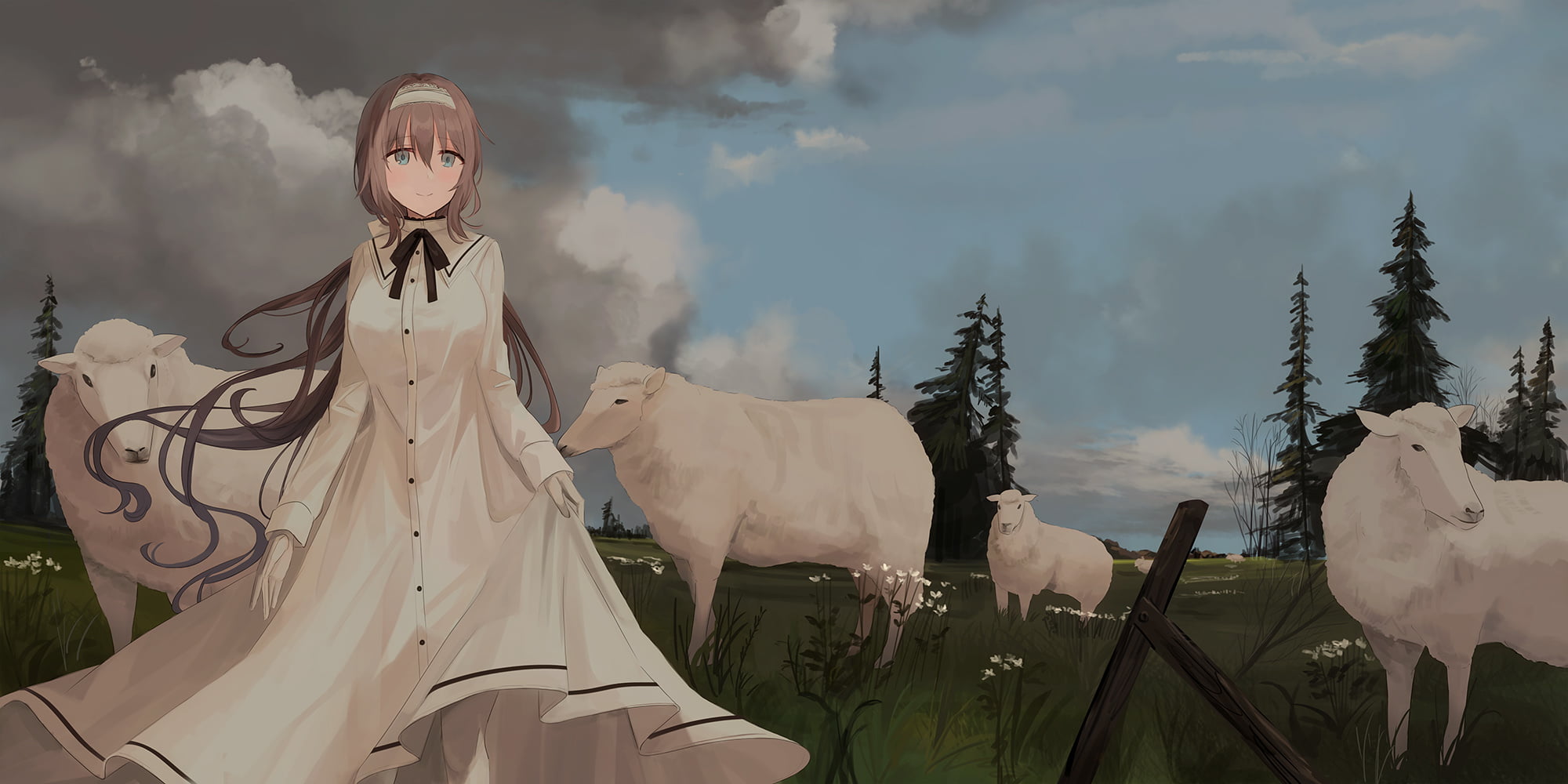 white gloves, Chihuri 45, white dress, smiling, field, grass, anime girls, illustration, sheep, clouds, trees, digital art, 1080P, 2D, drawing, artwork, HD Wallpaper