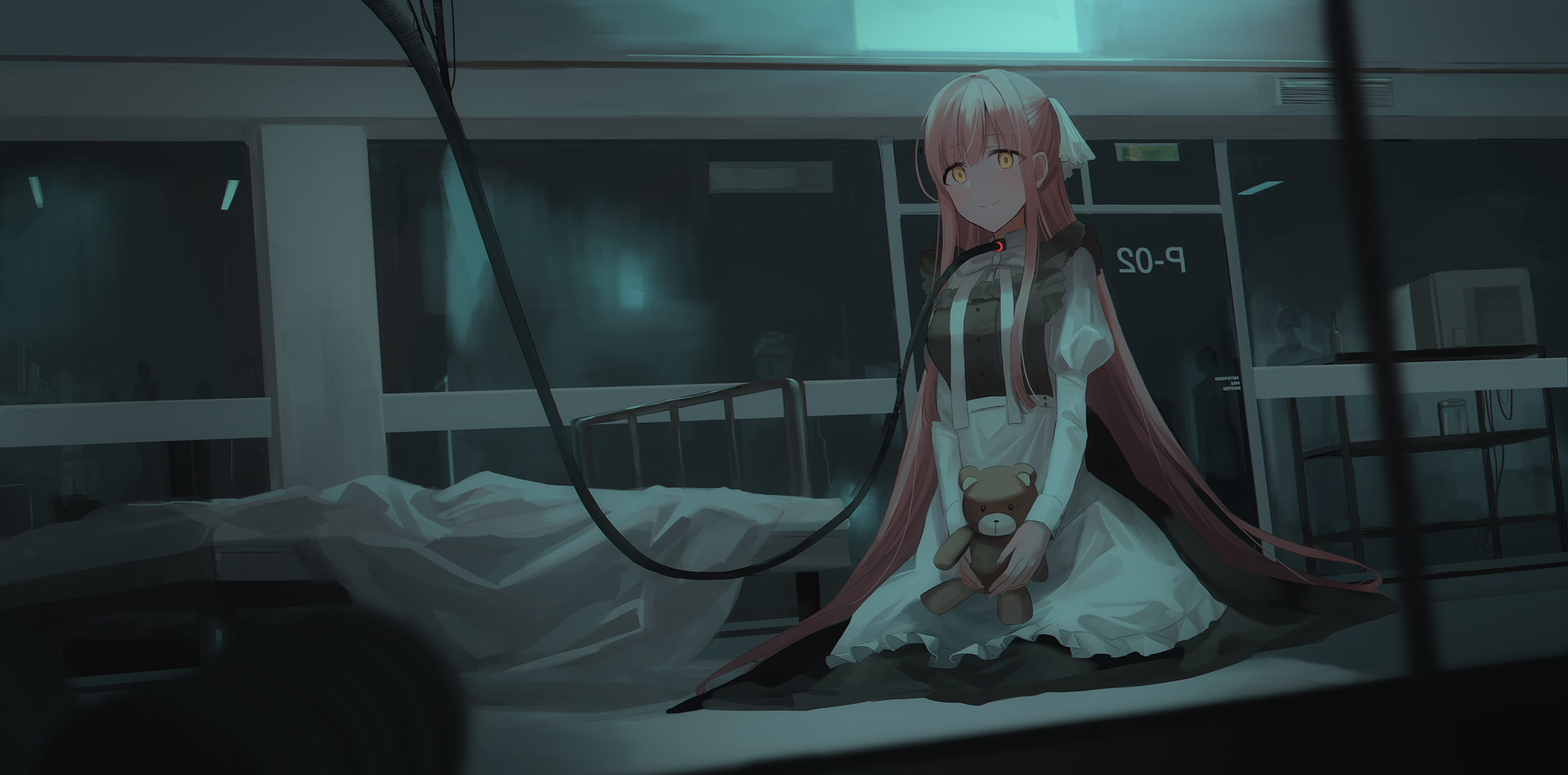 Chihuri 45, 2D, long hair, laboratories, experiments, maid, artwork, original characters, 1080P, kneeling, apron, digital art, drawing, science fiction, HD Wallpaper
