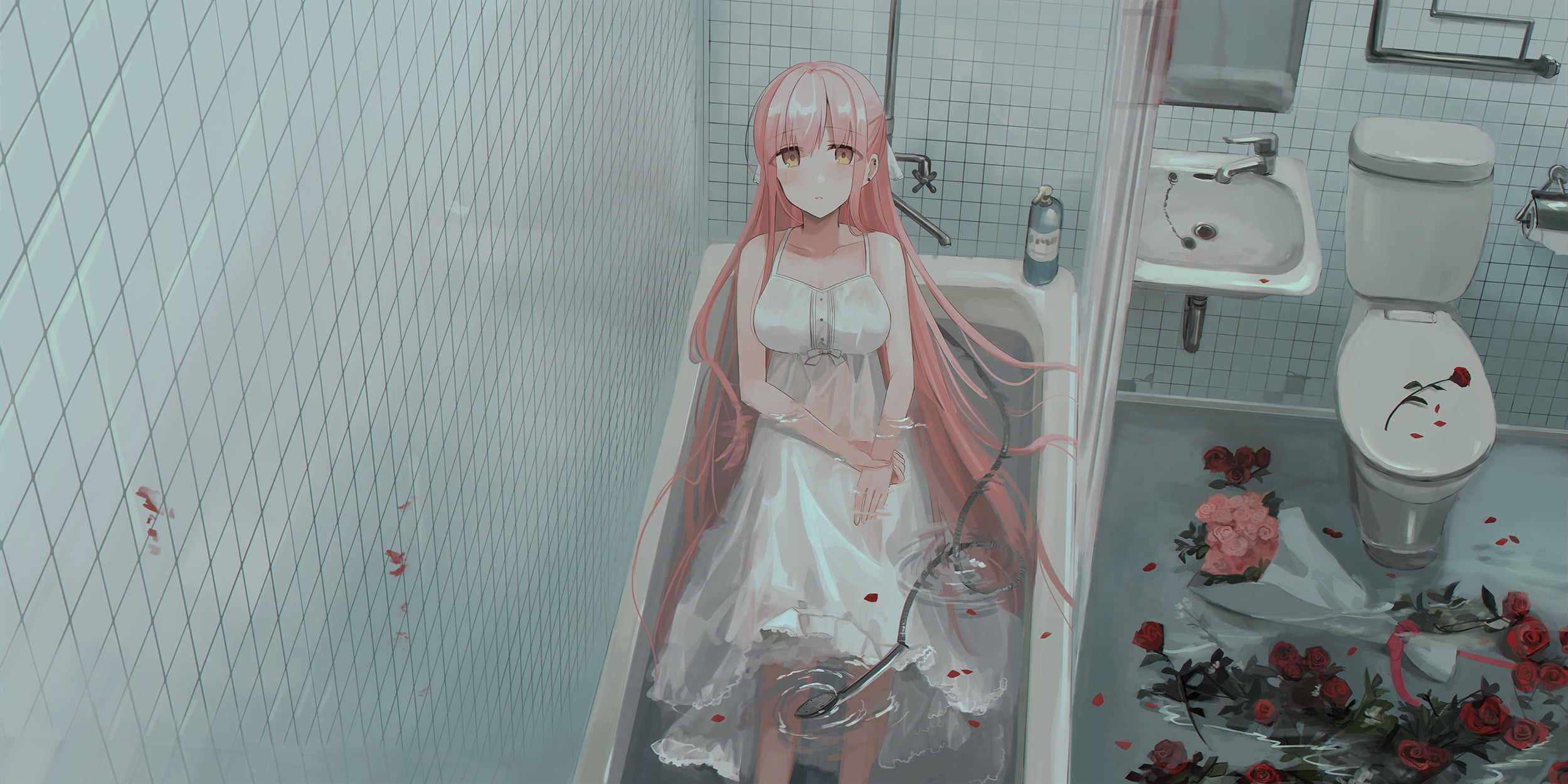 rose, flowers, 1080P, drawing, Chihuri 45, long hair, pink hair, anime, original characters, anime girls, bathtub, in water, artwork, digital art, white dress, HD Wallpaper