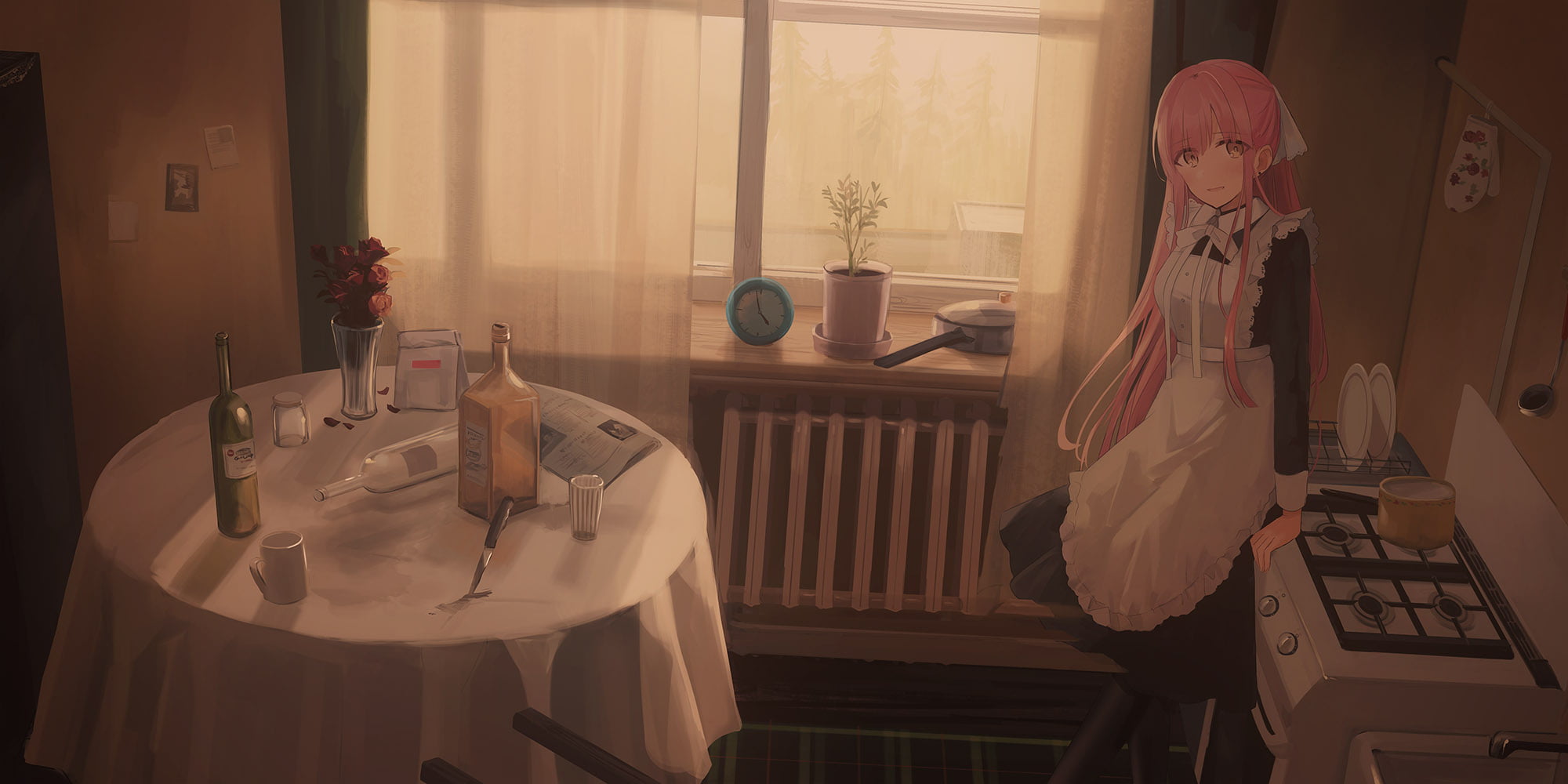 maid outfit, Chihuri 45, 1080P, kitchen, pink hair, HD Wallpaper