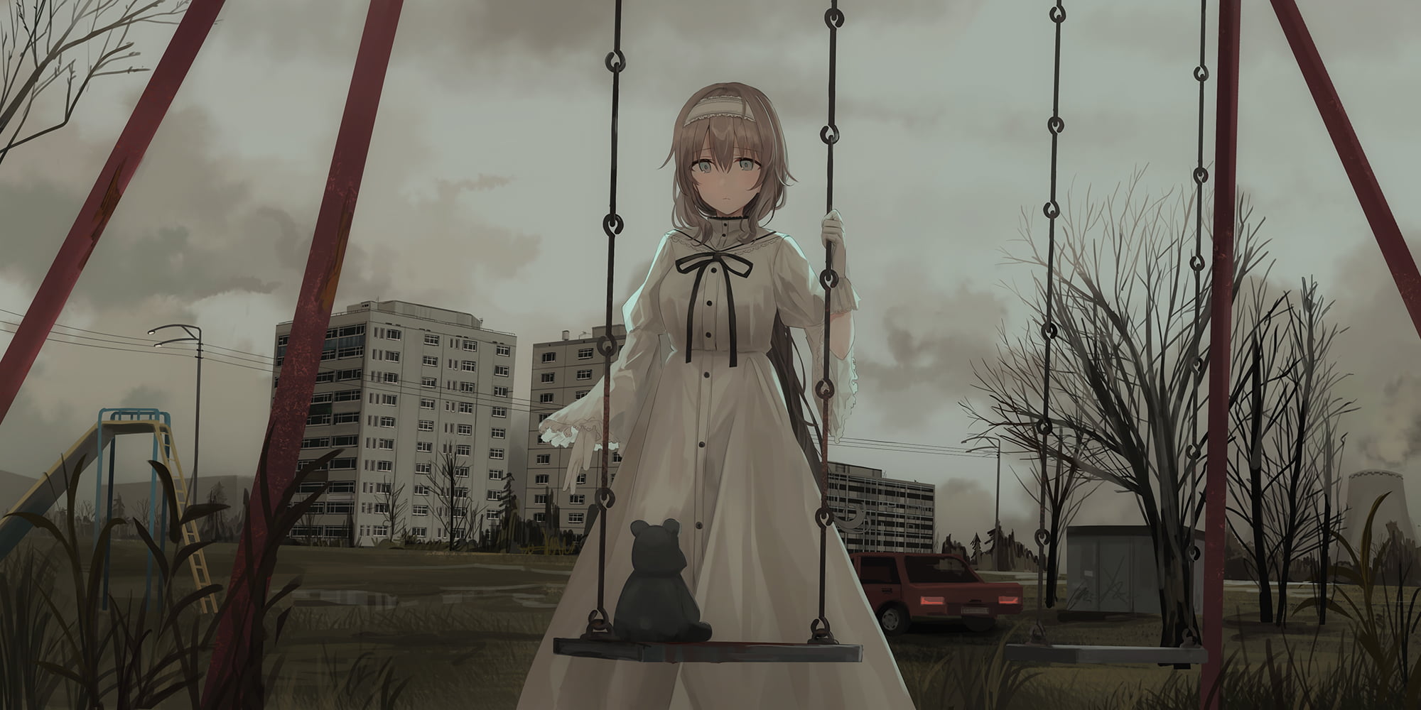 Chihuri 45, white dress, artwork, anime, trees, dress, 1080P, building, clouds, 2D, teddy bears, environment, swings, drawing, original characters, gray eyes, HD Wallpaper