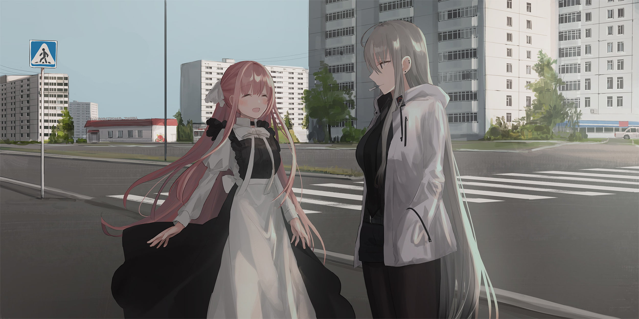 pink hair, 1080P, building, maid outfit, white hair, city, Chihuri 45, HD Wallpaper