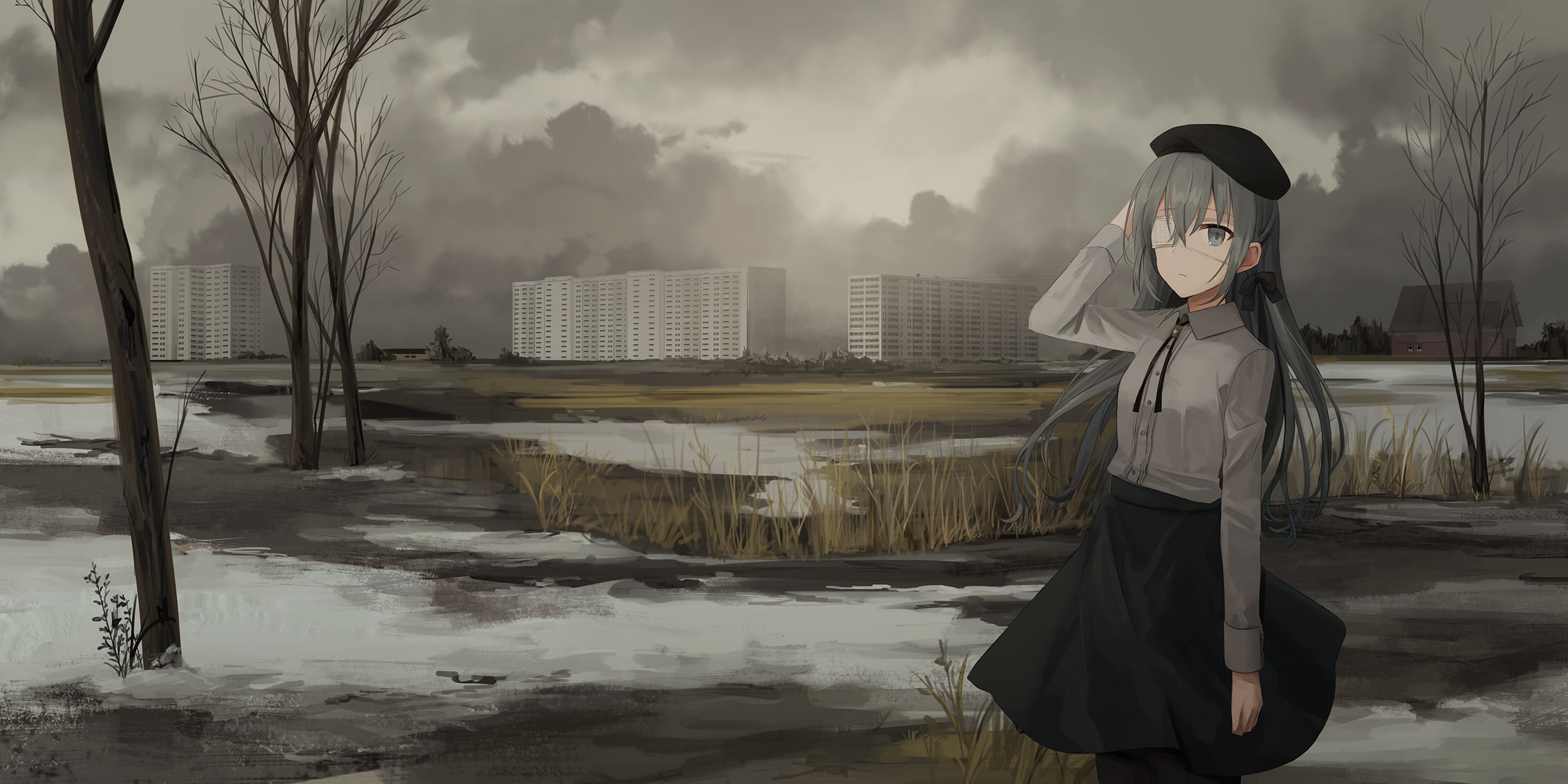 city, building, Chihuri 45, snow, gray hair, eye patch, Russia, 1080P, looking at viewer, HD Wallpaper