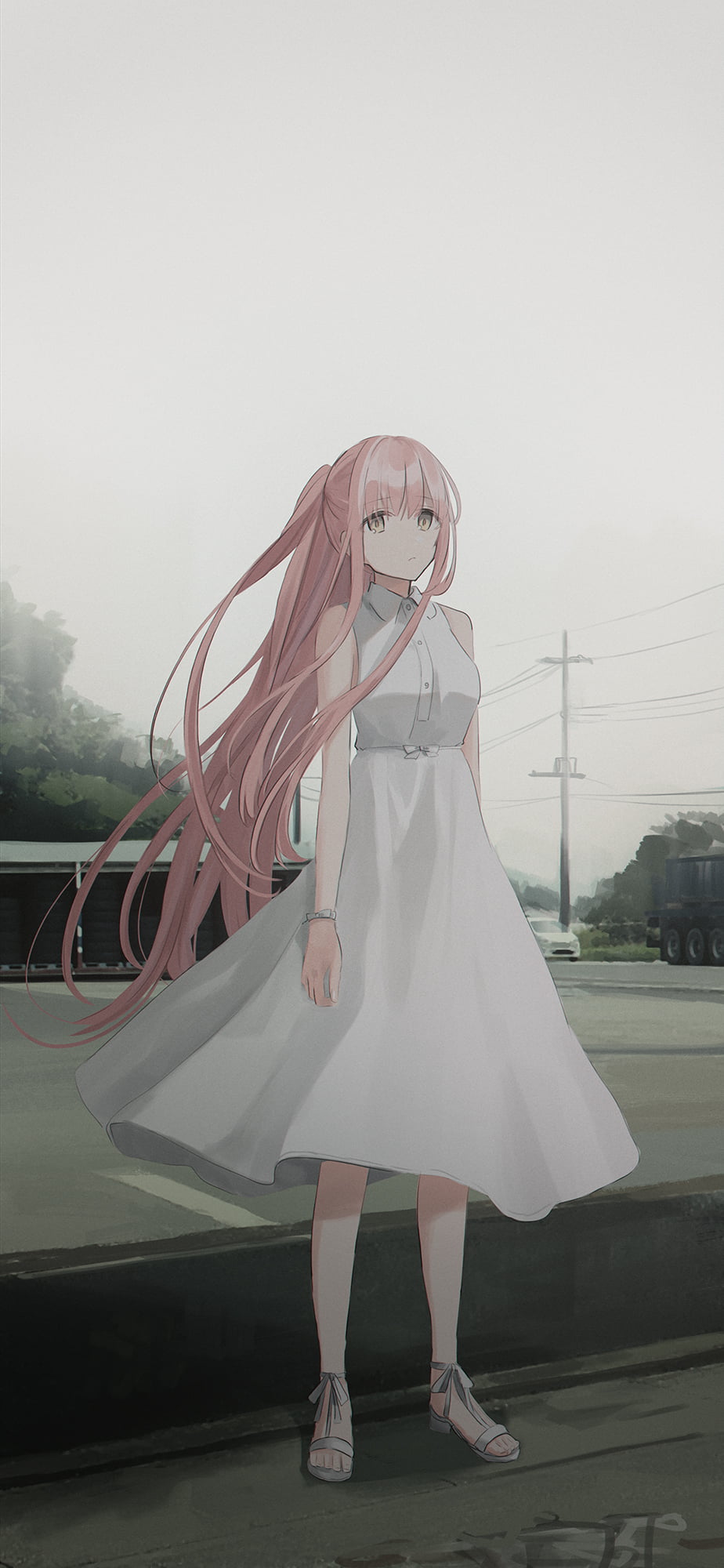 Chihuri 45, pink hair, 1080P, powerlines, Phone HD Wallpaper