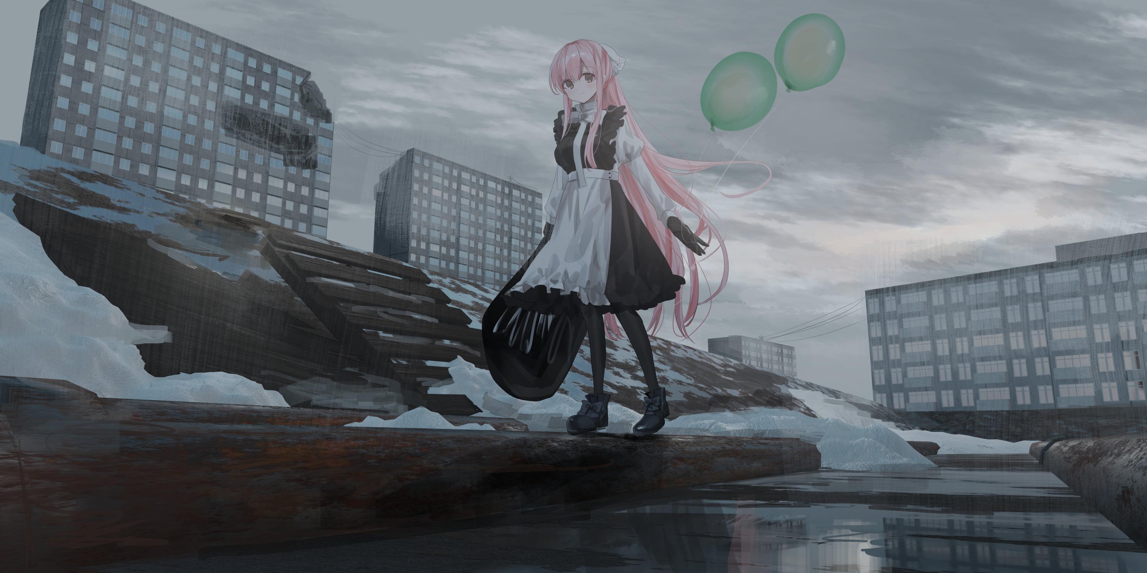 balloon, anime girls, 4K, Chihuri 45, pink hair, long hair, anime, original characters, HD Wallpaper