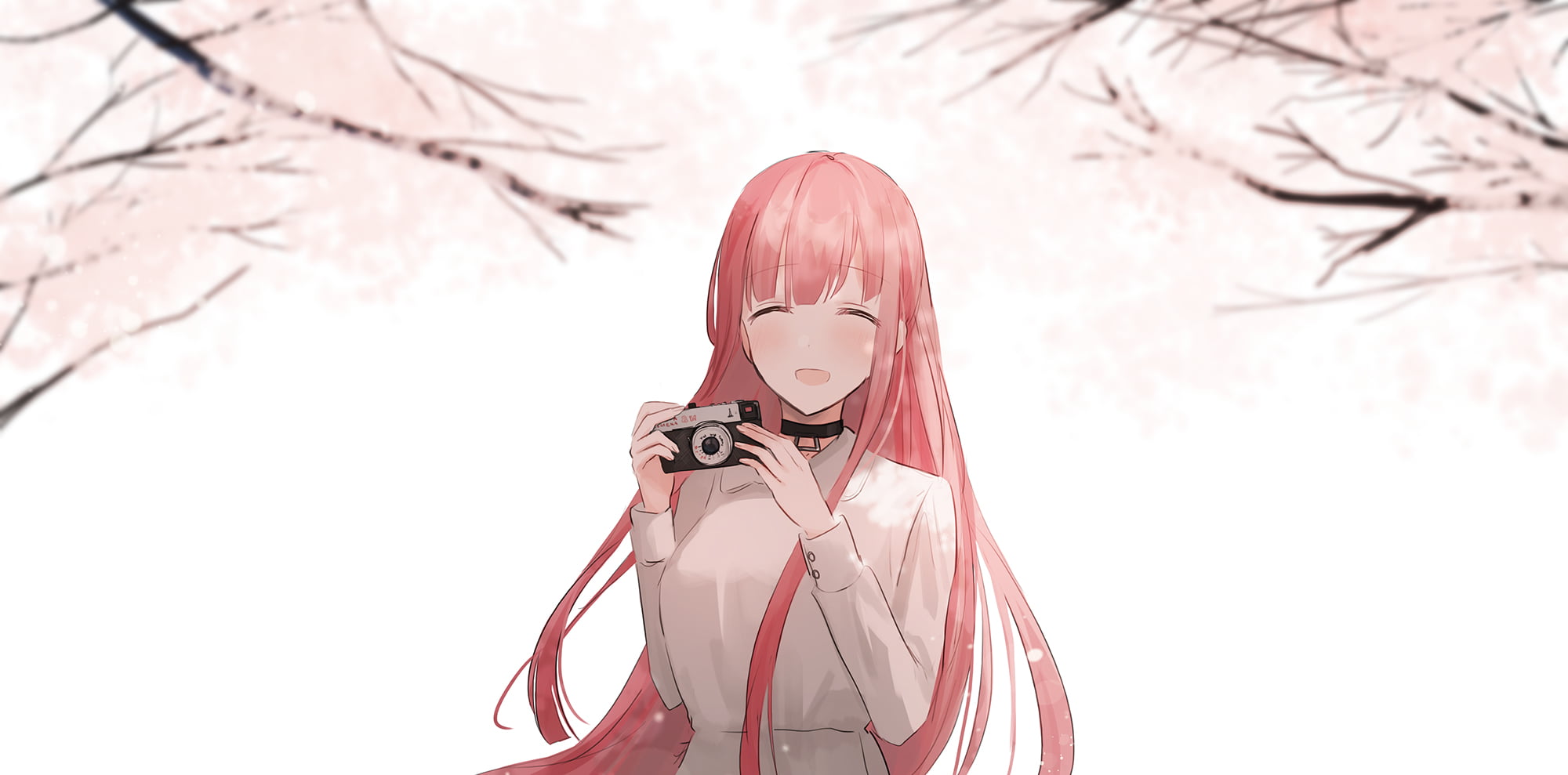pink hair, Chihuri 45, simple background, 1080P, Smile, HD Wallpaper