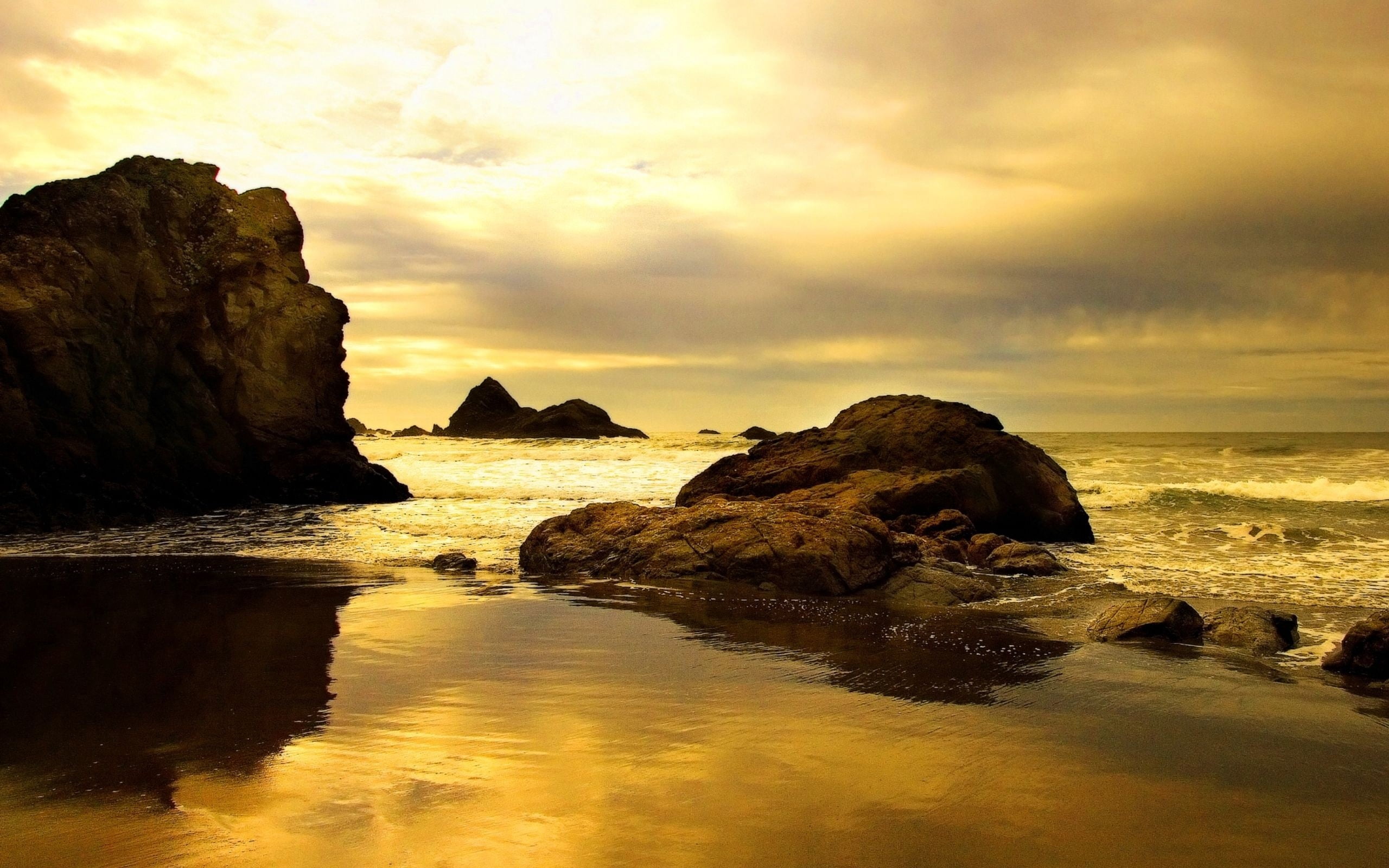 rock, vacations, sea, cloudscape, reflection, dusk, solid, scenics, stone - Object, stack rock, island, sky, cloud - Sky, nature, outdoors, seascape, wave, HD Wallpaper