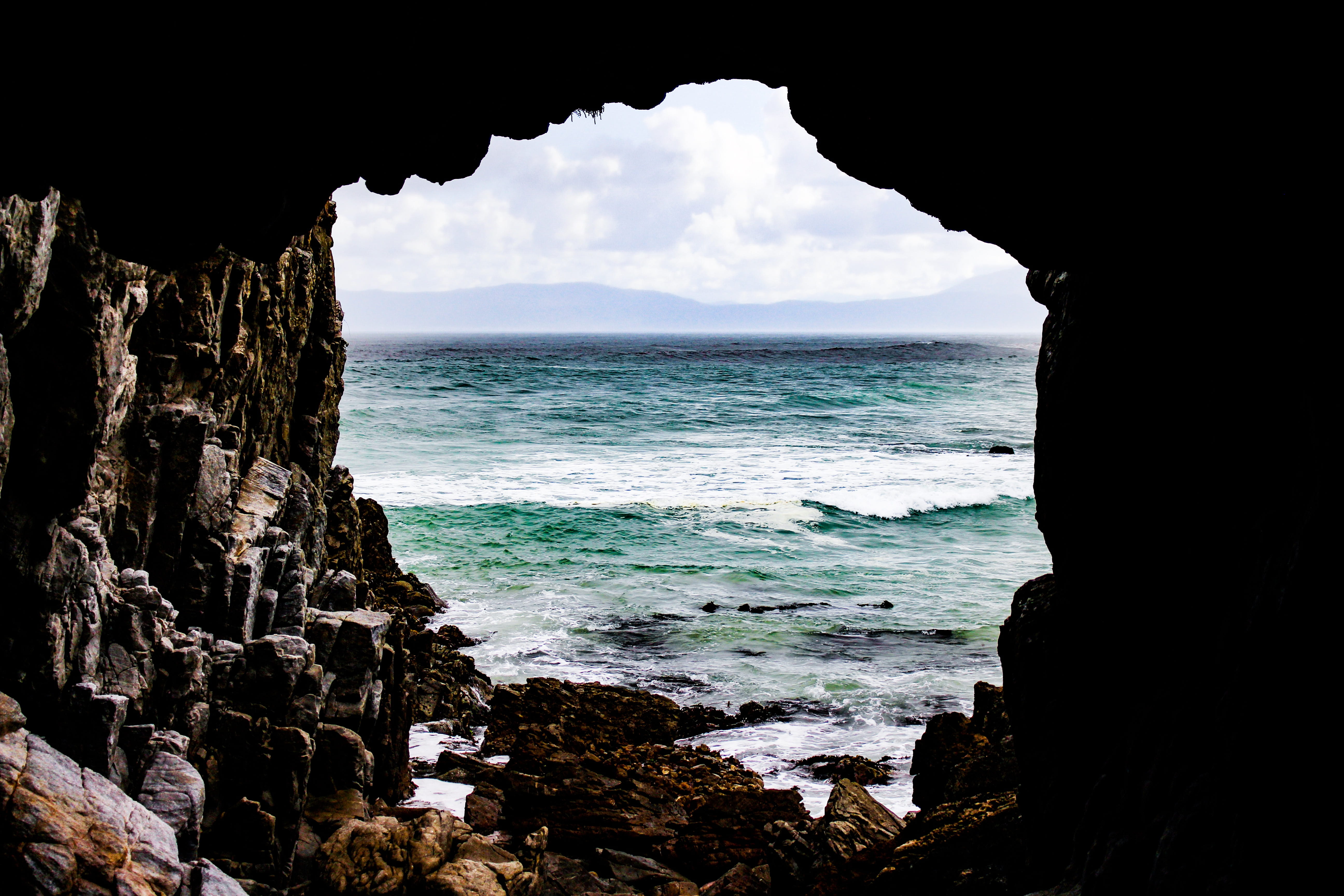 green, rocky, ocean, south africa, rock formation, day, stack rock, de kelders, sky, no people, beach, horizon, texture, cave, blue, horizon over water, HD Wallpaper