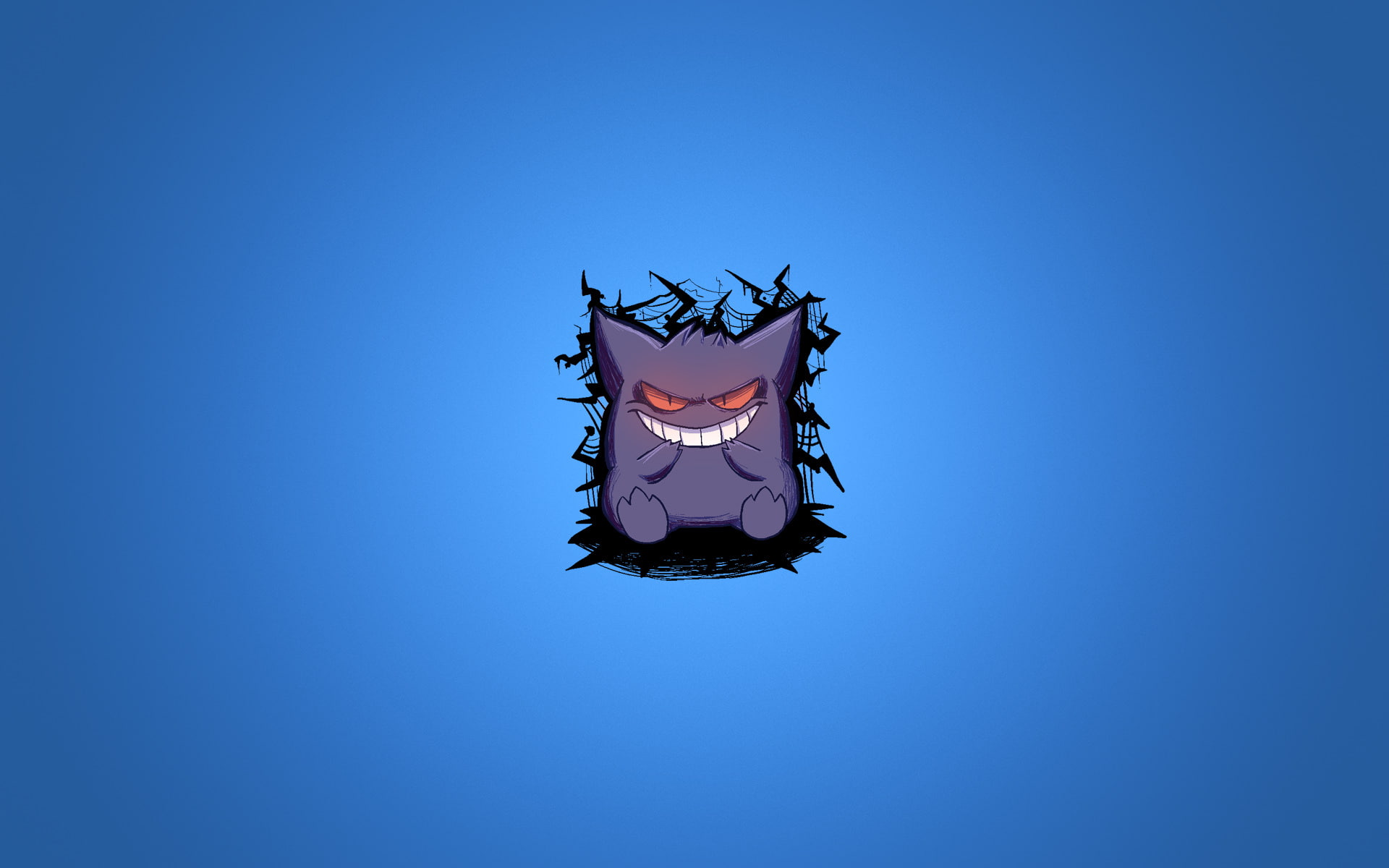 Gengar, smile, minimalism, pokemon, purple, 1080P, blue background, HD Wallpaper