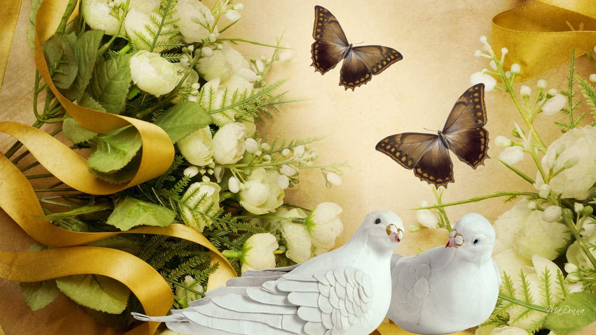 nic nac, golden, 1080P, valentines da, butterfly, gold, ribbon, glorious, spring, vintage, flowers, lily of the valley, doves, HD Wallpaper