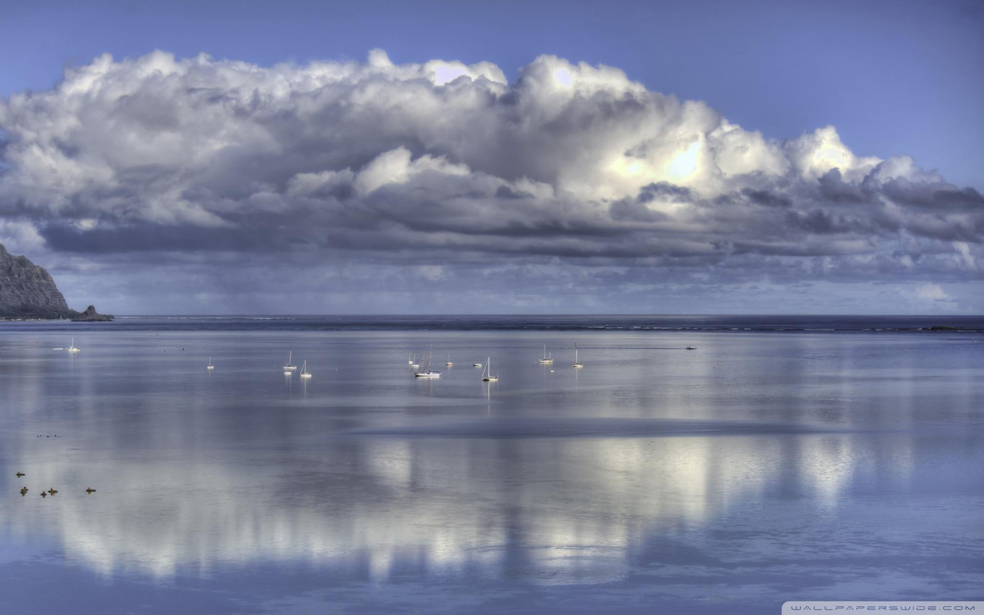 reflection, nature and landscapes, glorious, ocean, 1080P, clouds, boats, HD Wallpaper