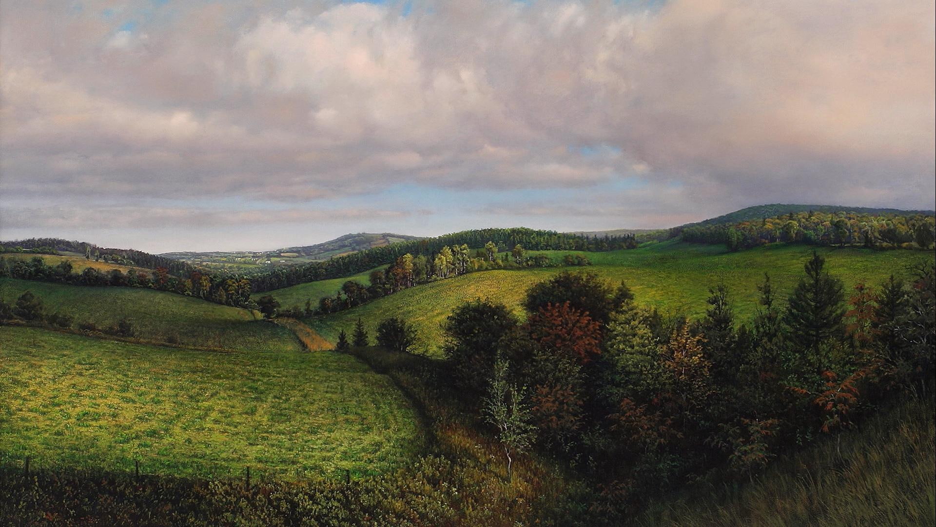 lscape, field, fields, nature and landscapes, glorious, trees, grass, hills, green, clouds, 1080P, HD Wallpaper