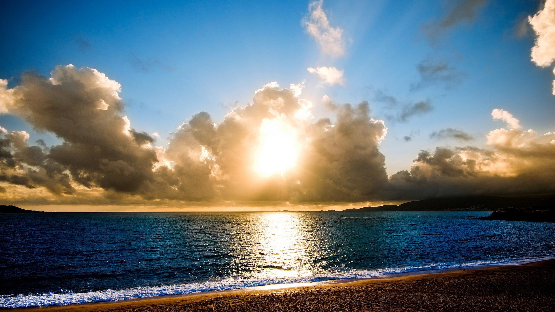  glorious, 1080P, beach, sunlight, white, water, nature and landscapes, body, setting, clouds, sunset, sun, HD Wallpaper