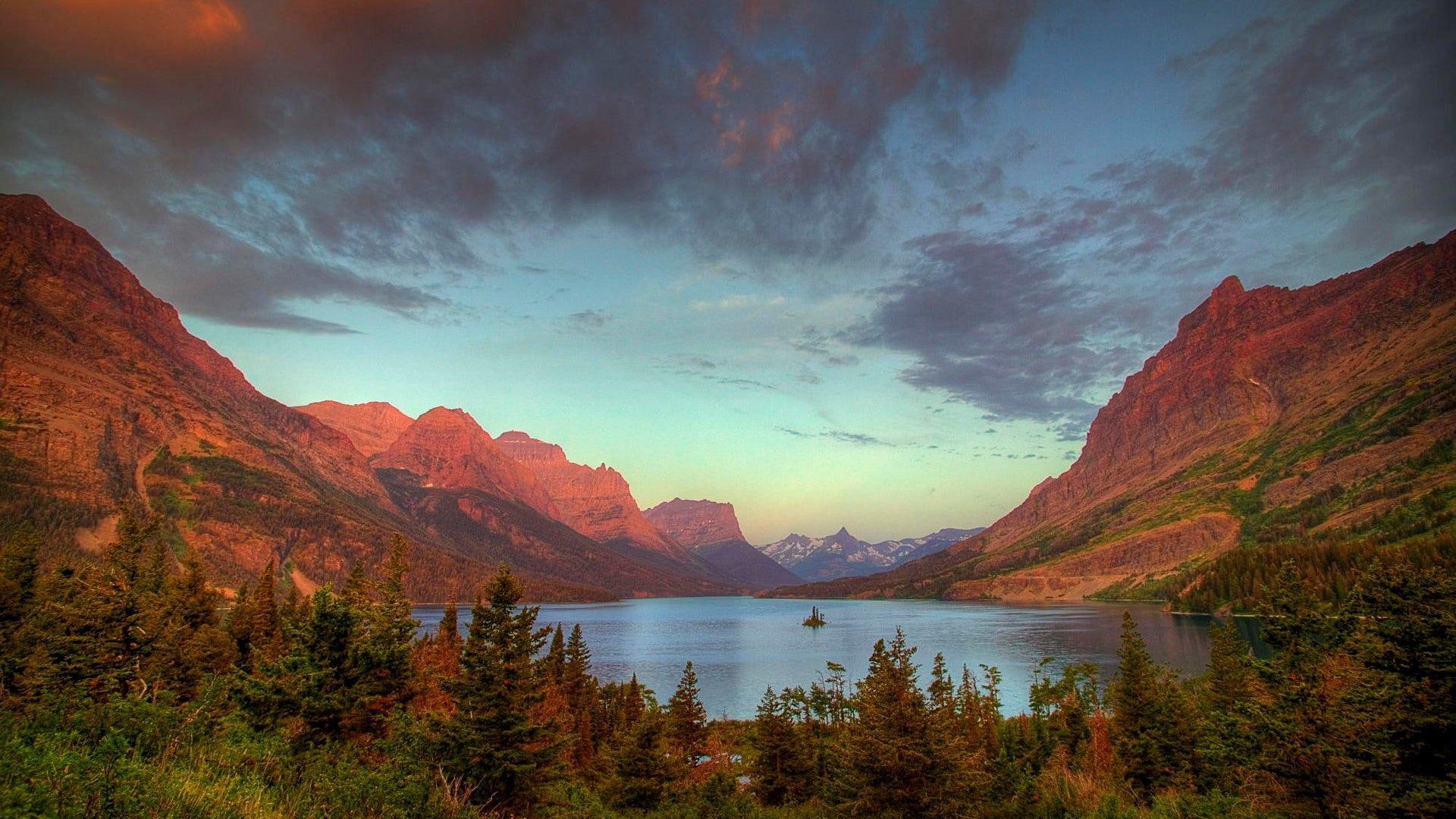 glorious, nature and landscapes, mountain, 1080P, clouds, lake, forest, rocky, mountains, brown, HD Wallpaper