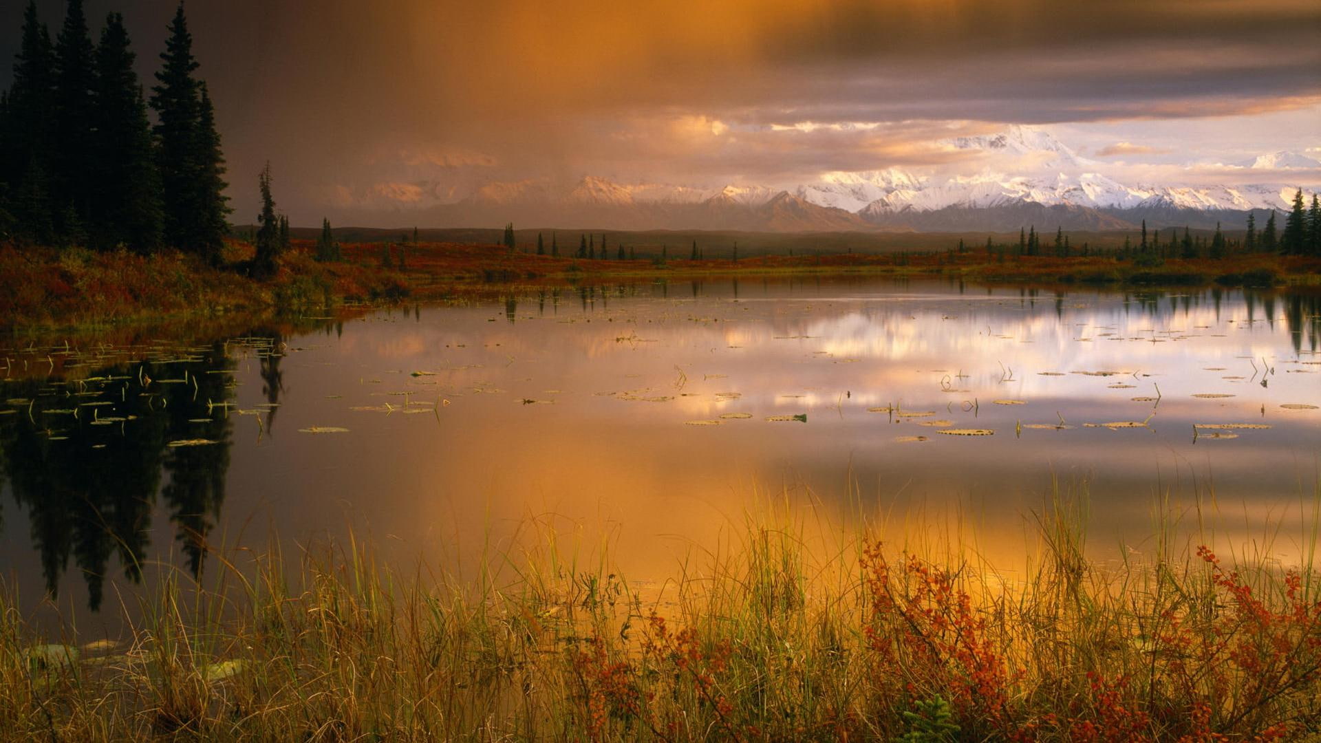 range, pond, mountain, nature and landscapes, mountains, 1080P, trees, rain, glorious, body, water, obscured, HD Wallpaper