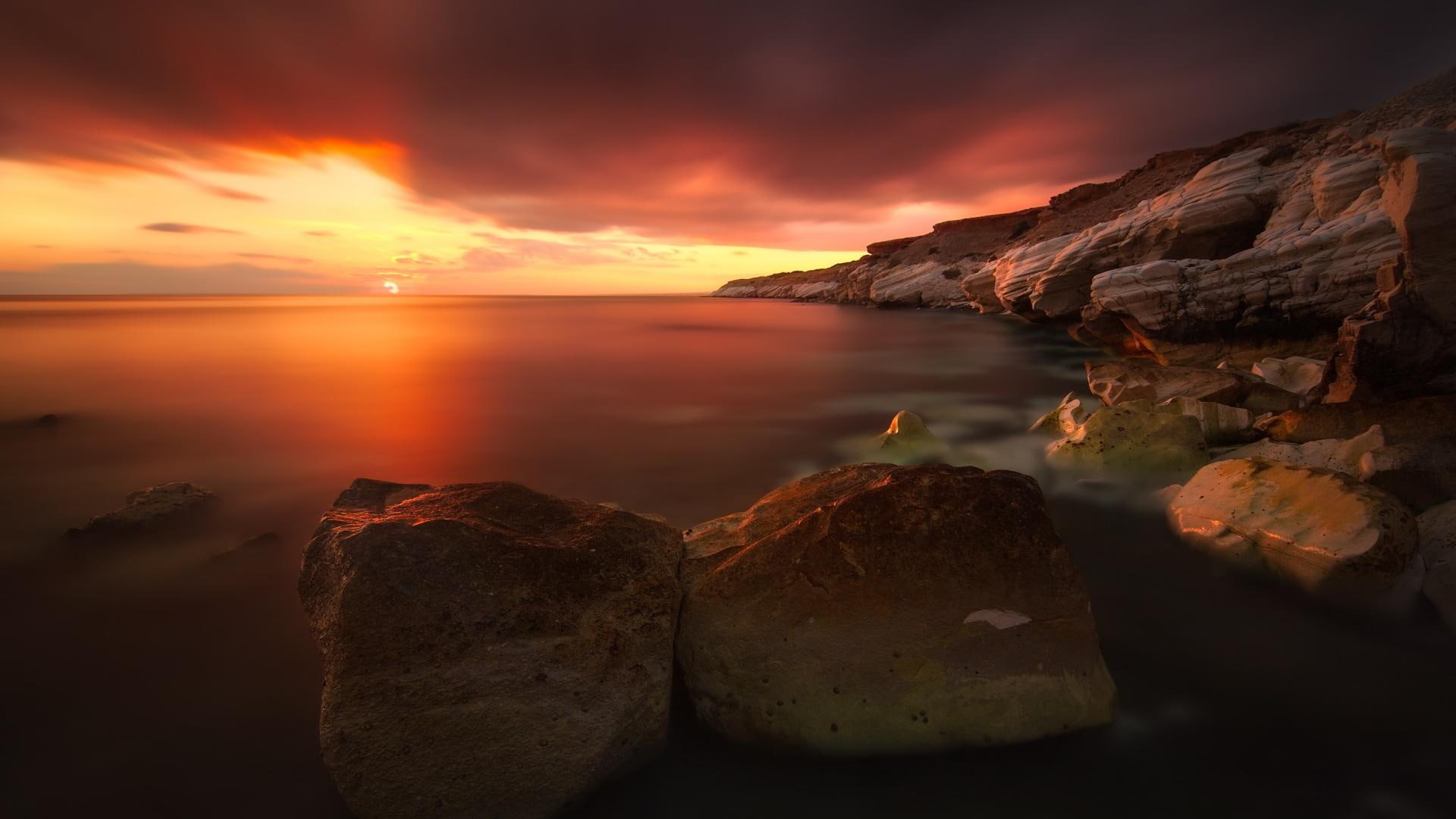 seashore, shore, nature and landscapes, hdr, seabay, view, sunset, clouds, rocks, 1080P, glorious, HD Wallpaper