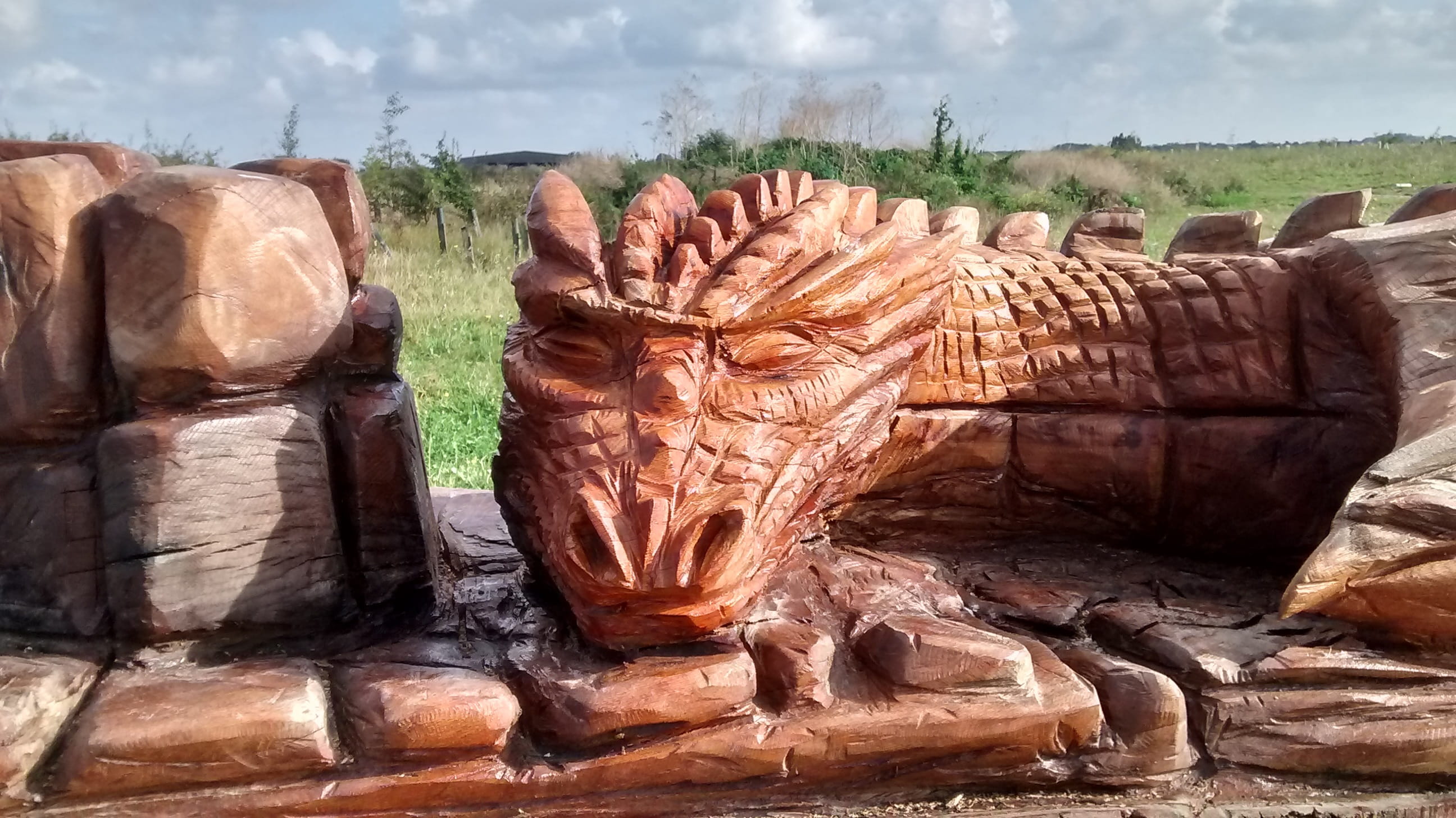 brown, wood - material, nature, milton creek, statue, the past, mythology, solid, craft, mythical creature, day, red, rock, cloud - sky, england, 2K, Dragon, HD Wallpaper