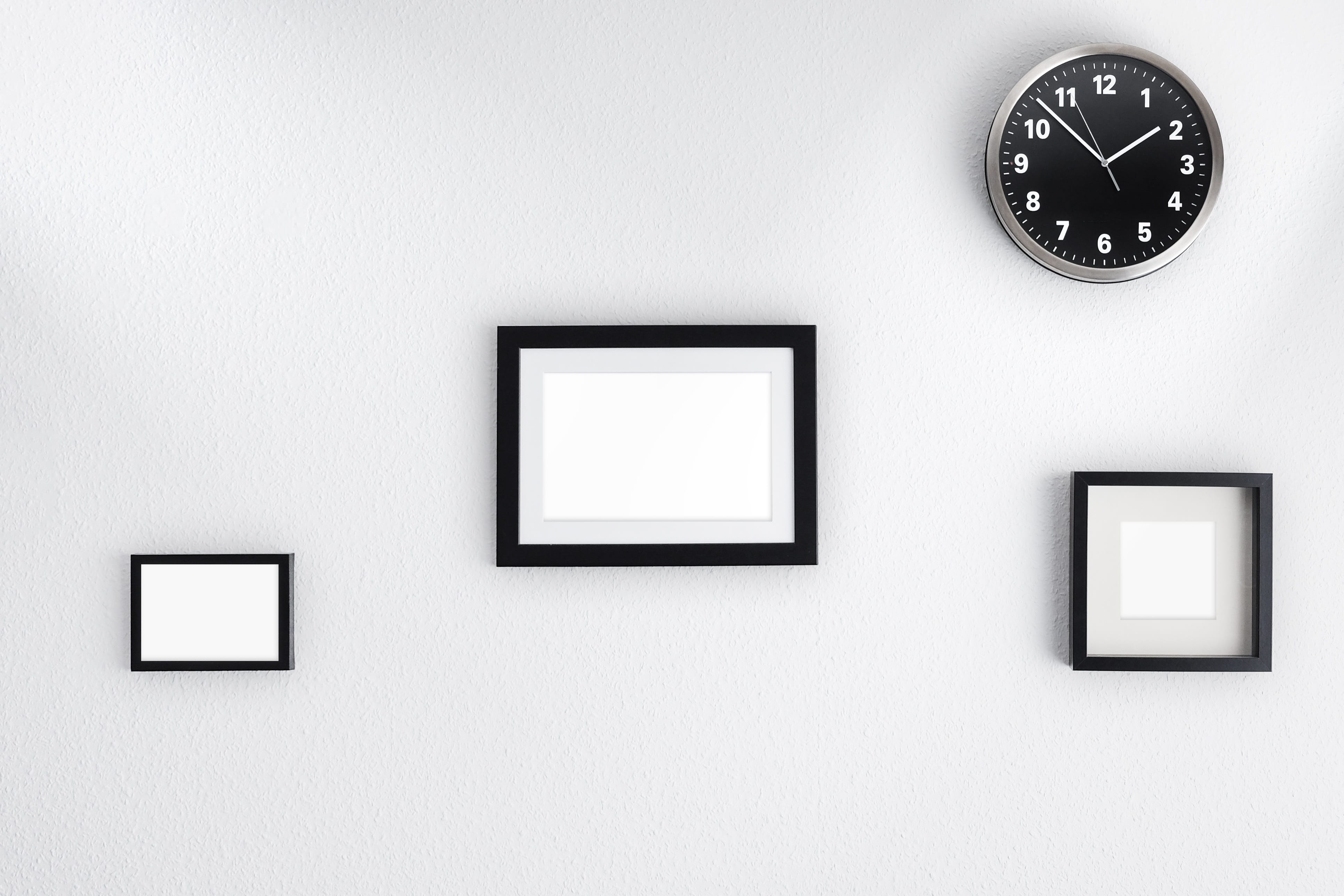 black, clock, frame, colored, clock face, round, home interior, copy space, three, murals, blank, 4K, paintings, photo, shape, wall clock, office, instrument of time, HD Wallpaper