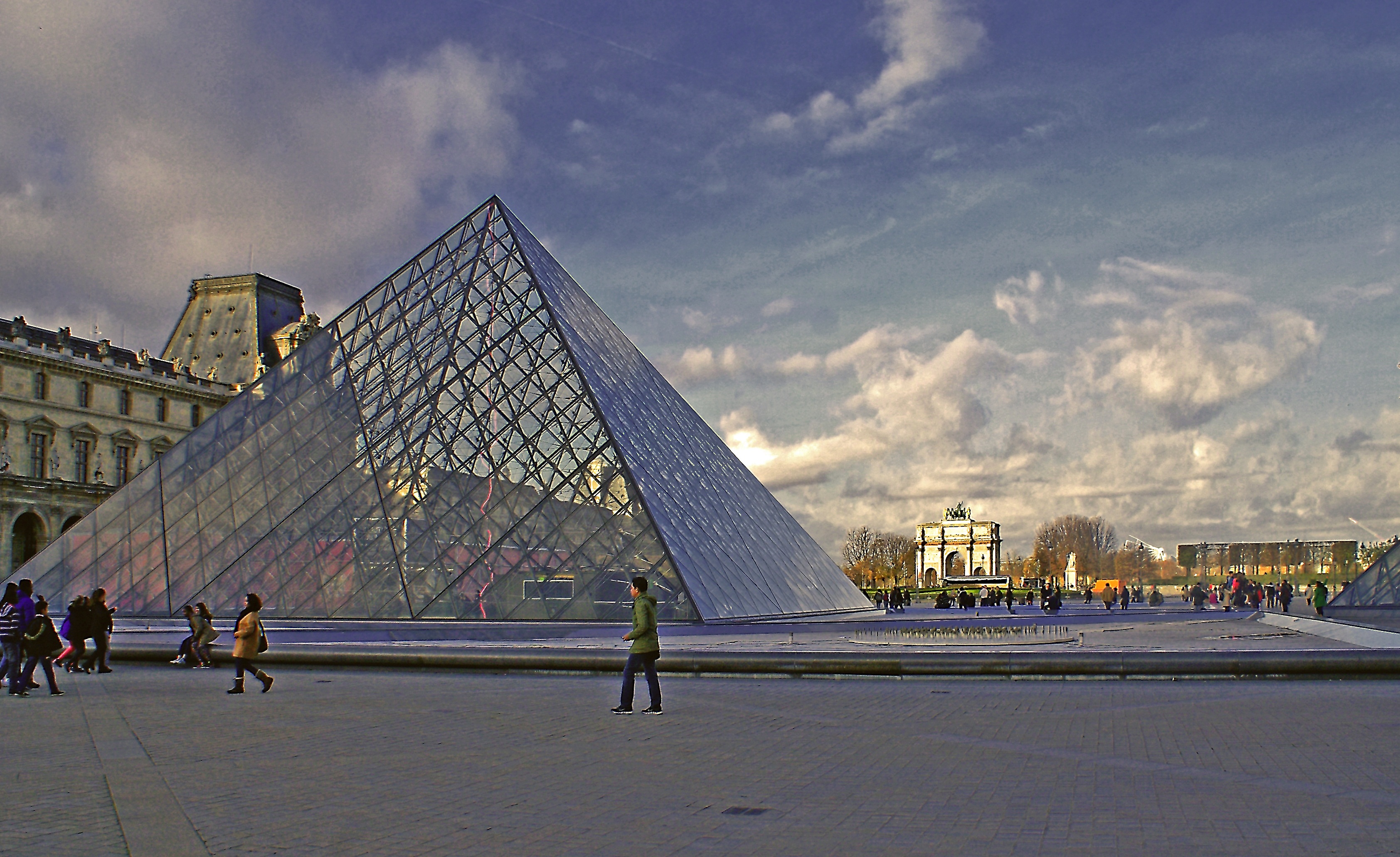 people, modernity, incidental people, pyramid, the palace, tourism, travel, sky, architecture, glass, steel, building exterior, metal, paris, project, nature, HD Wallpaper