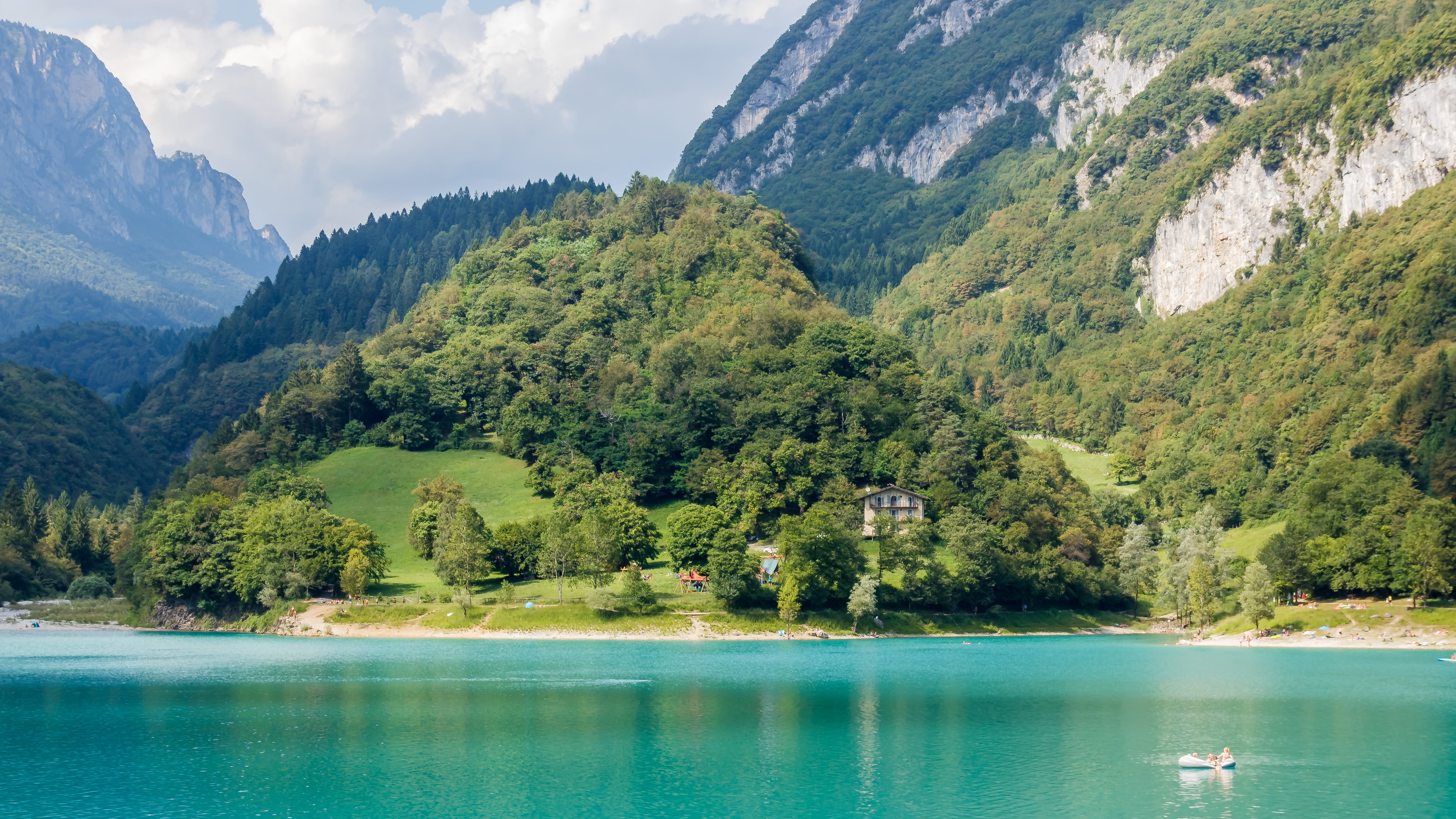 mountain, badesee, idyll, tree, 5K, plant, nature, sky, water, scenics - nature, environment, green, forest, lago di tenno, mountain range, tranquility, HD Wallpaper