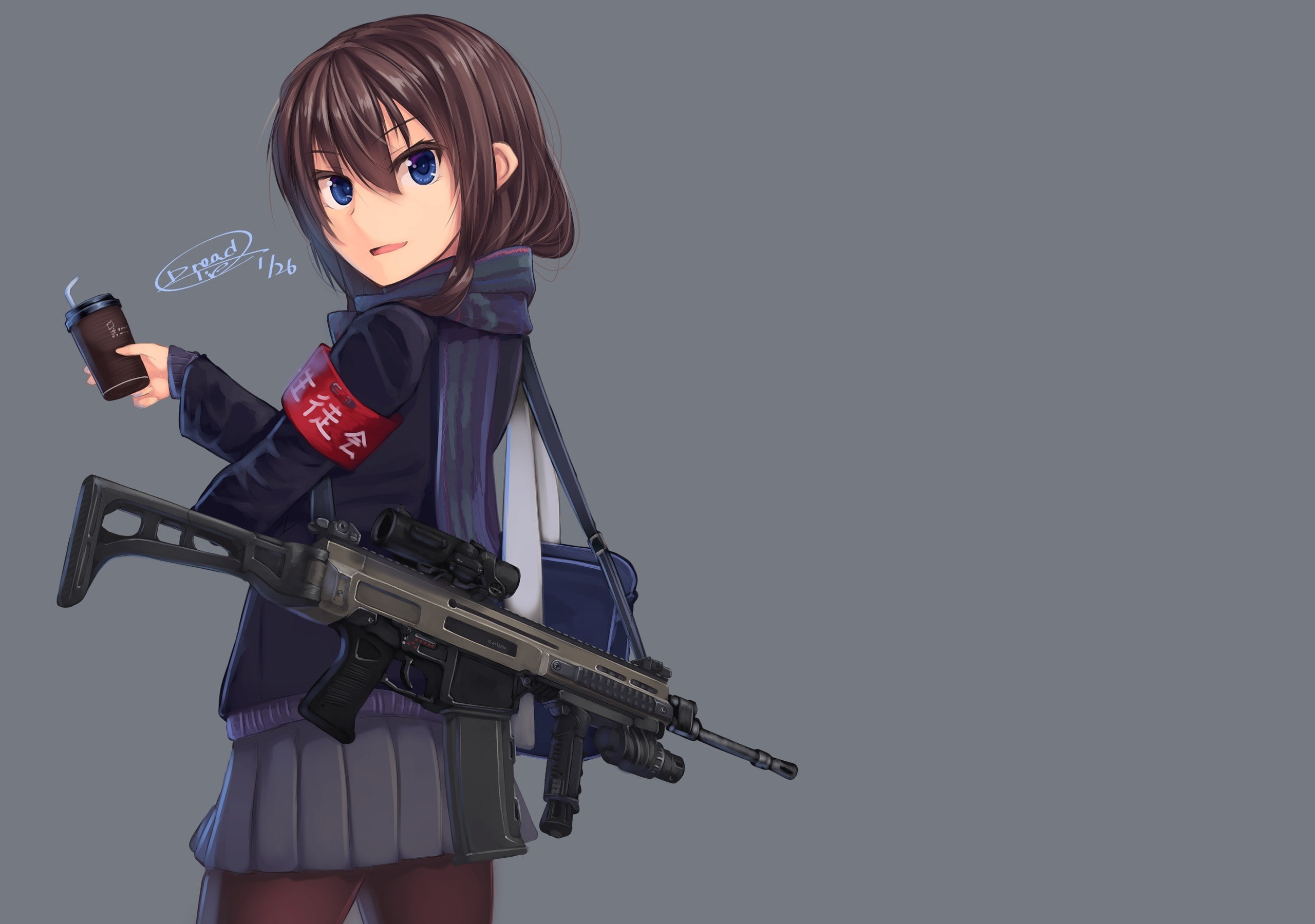 gun, CZ 805 BREN, school uniform, 2K, original characters, anime girls, HD Wallpaper