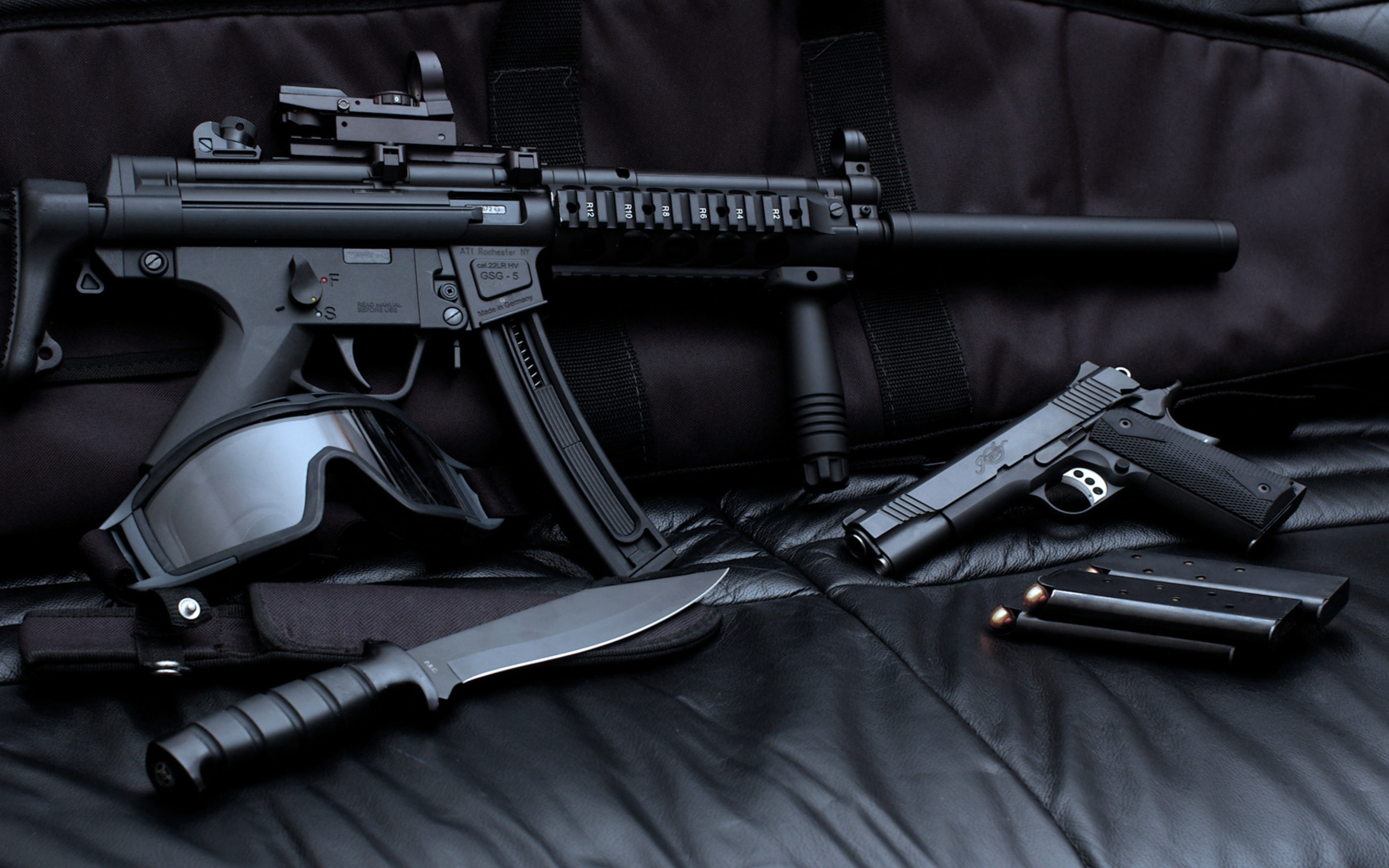 knife, rifle, 4K, TACTICAL GOGGLES, Gsg 5, assault, black, M1911, HD Wallpaper