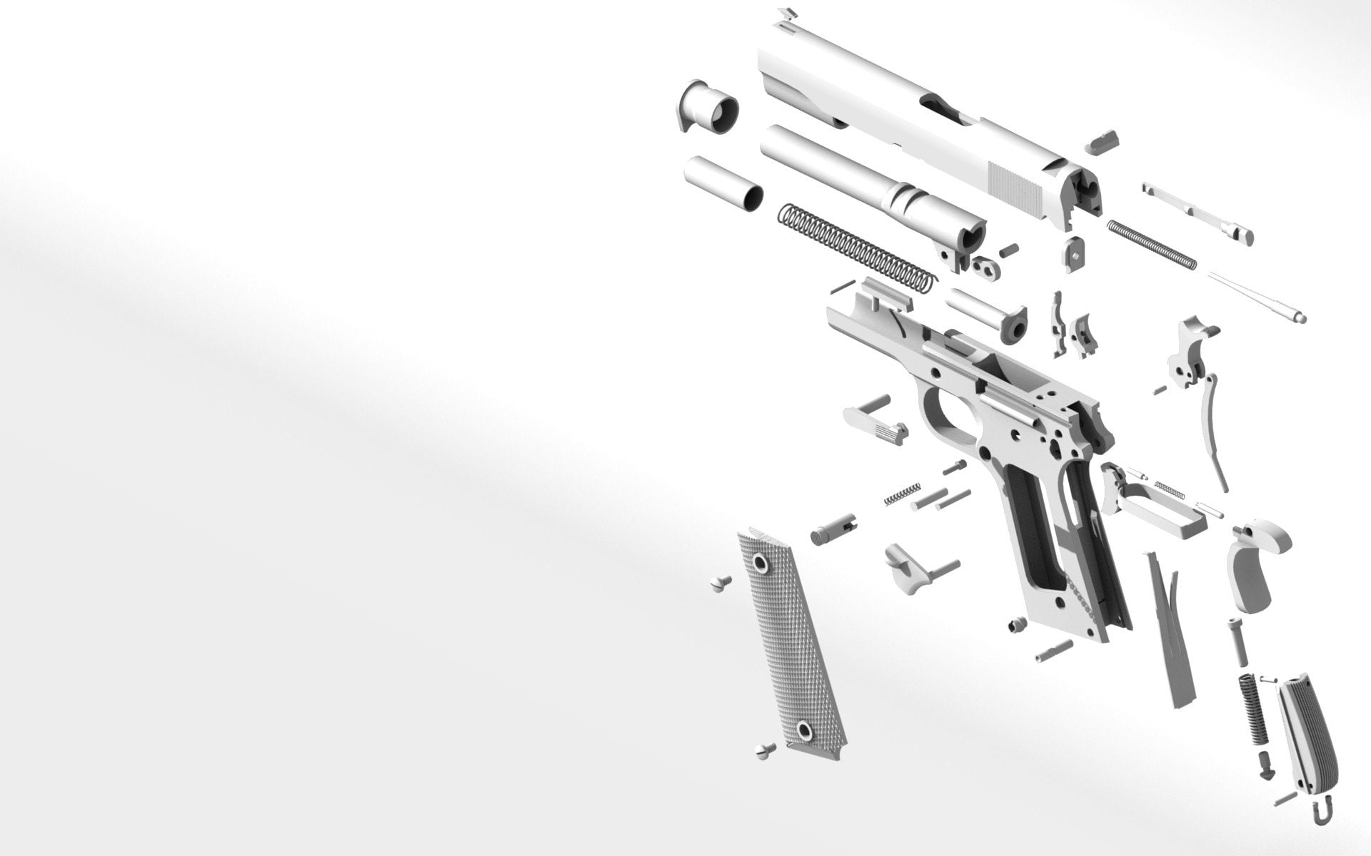 indoors, m1911 gun handgun pistol 1911, medium group of objects, white color, 1080P, close-up, metal, still life, equipment, studio shot, white background, HD Wallpaper