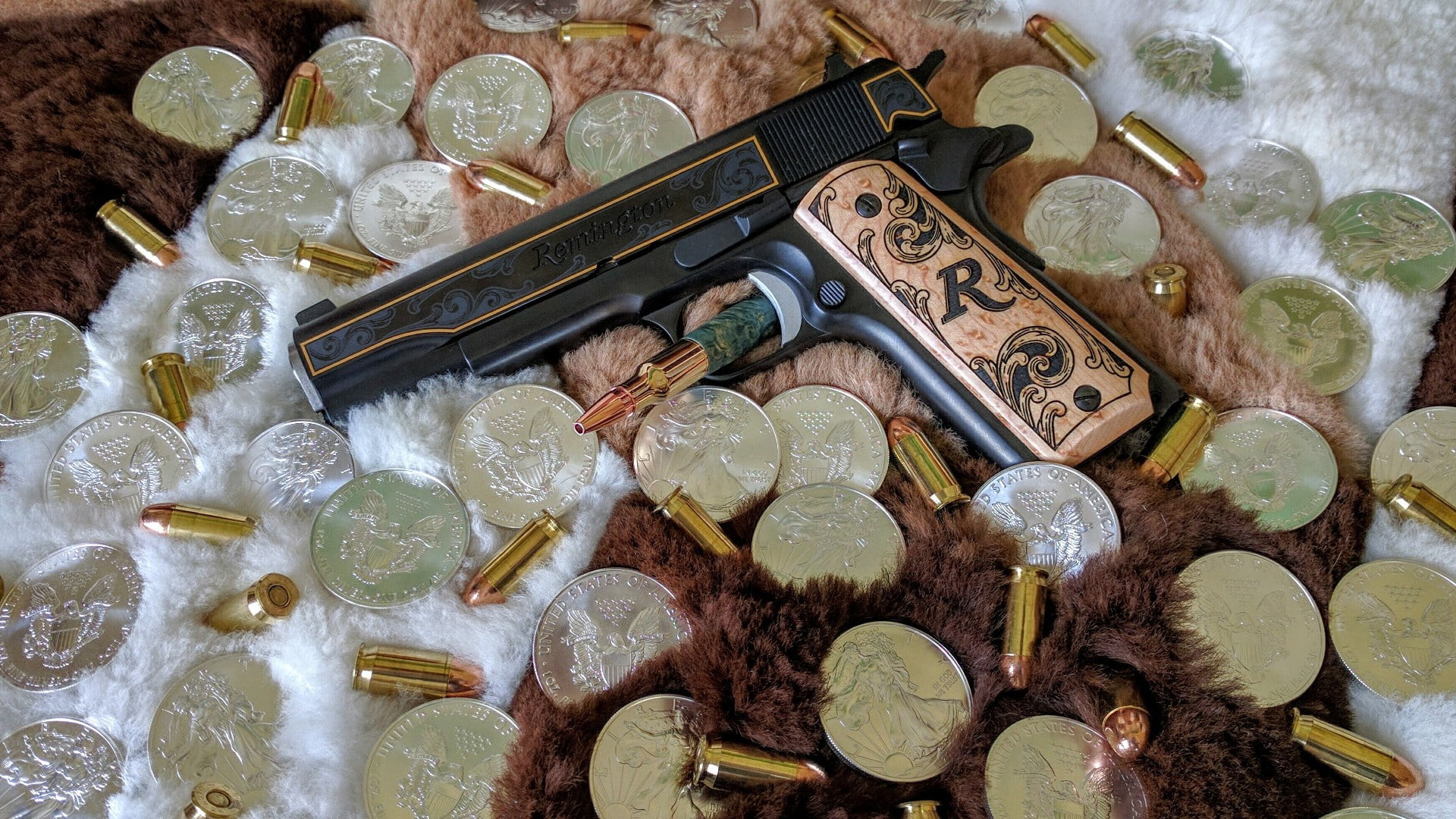 gun, ammo, M1911 pistol, weapons, M1911, 1911, weapon, dollar, Remington, cartridges, 1080P, HD Wallpaper