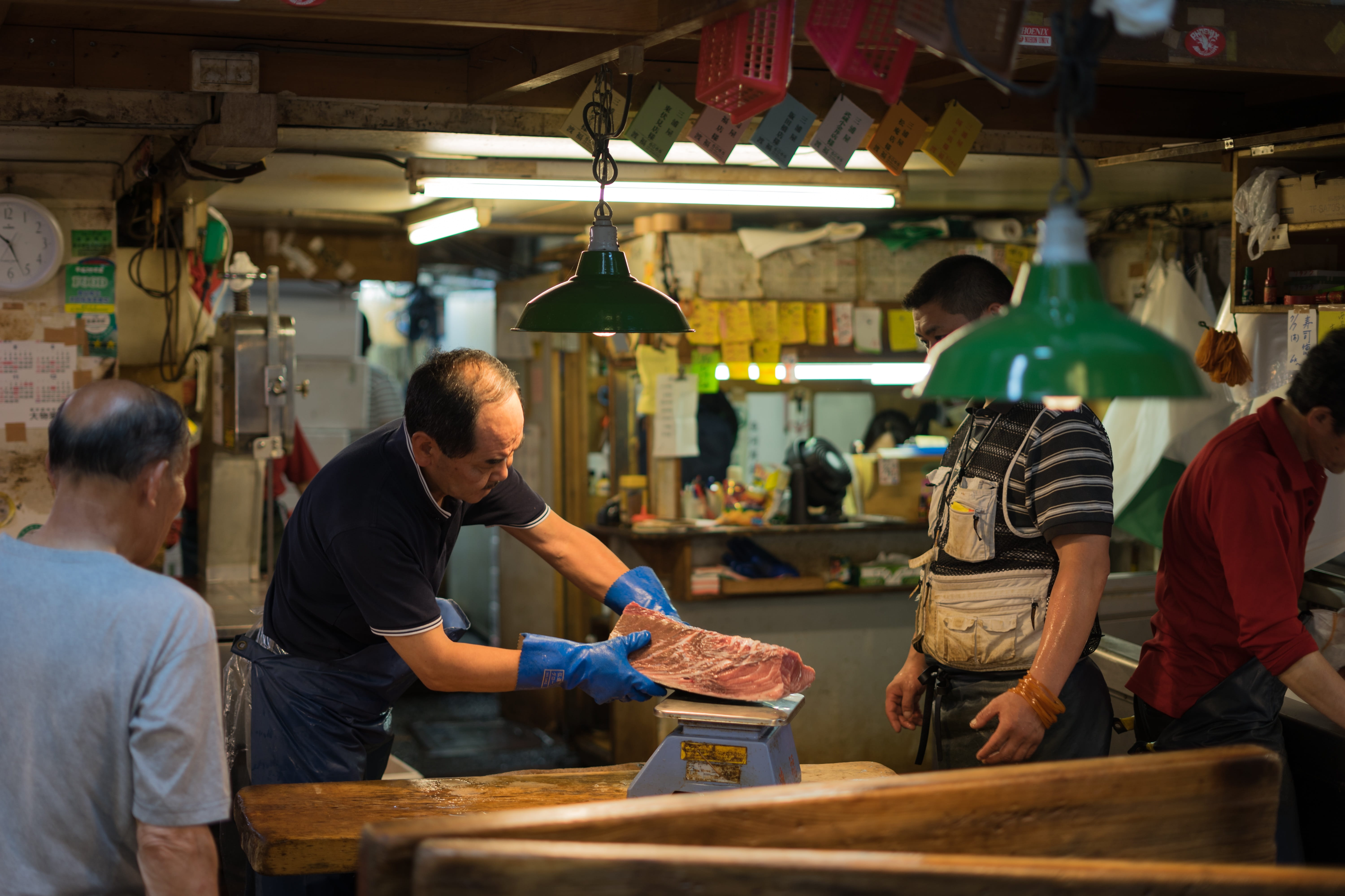 concentration, meat, men, japan, man, women, tokyo tsukiji, group of people, industry, 5K, uniform, working, lighting equipment, business, medium group of people, HD Wallpaper
