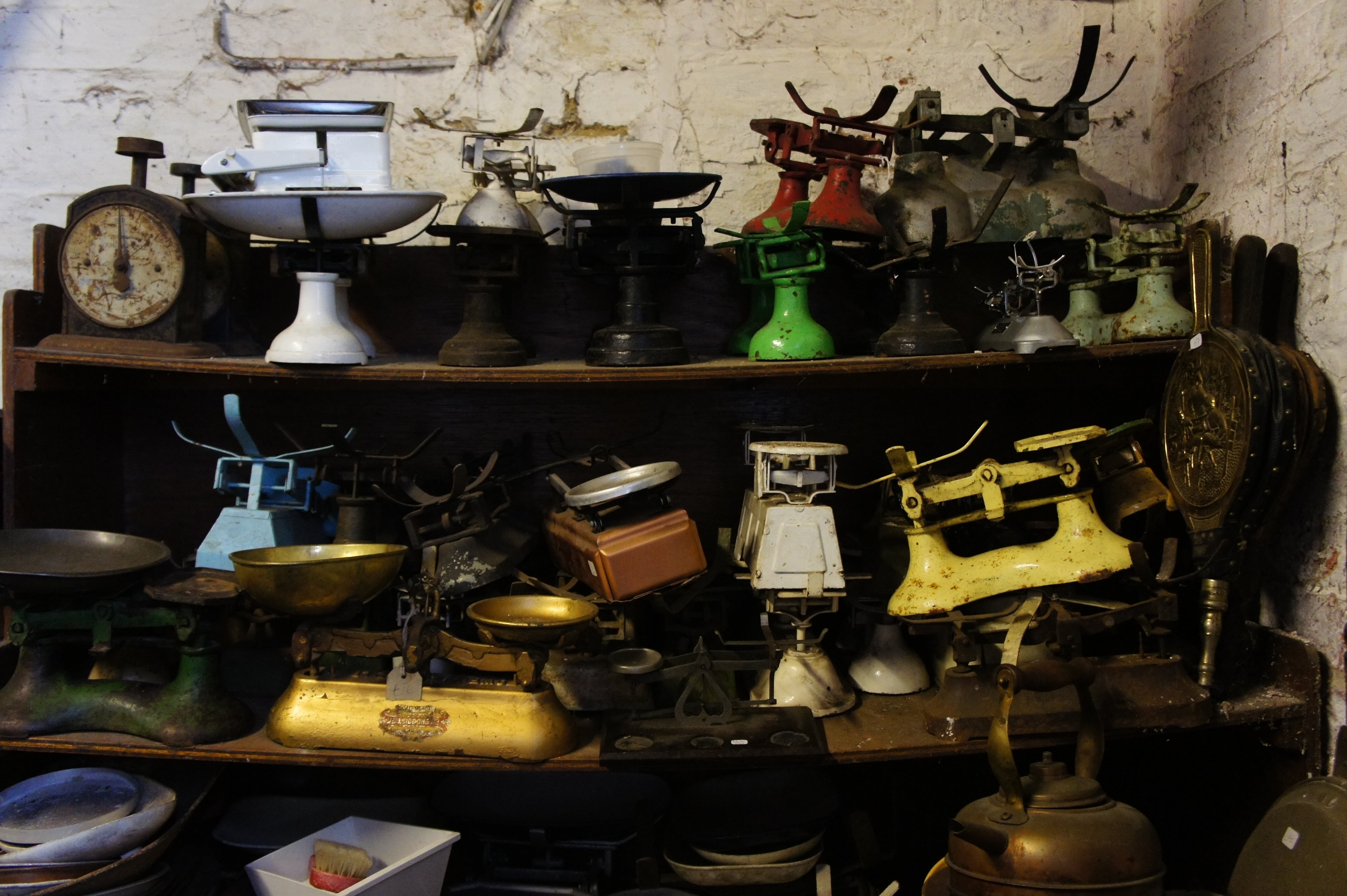 kitchen utensil, arrangement, wall - building feature, domestic room, household equipment, antique, equilibrium, no people, 4K, old, vintage, day, shelf, HD Wallpaper