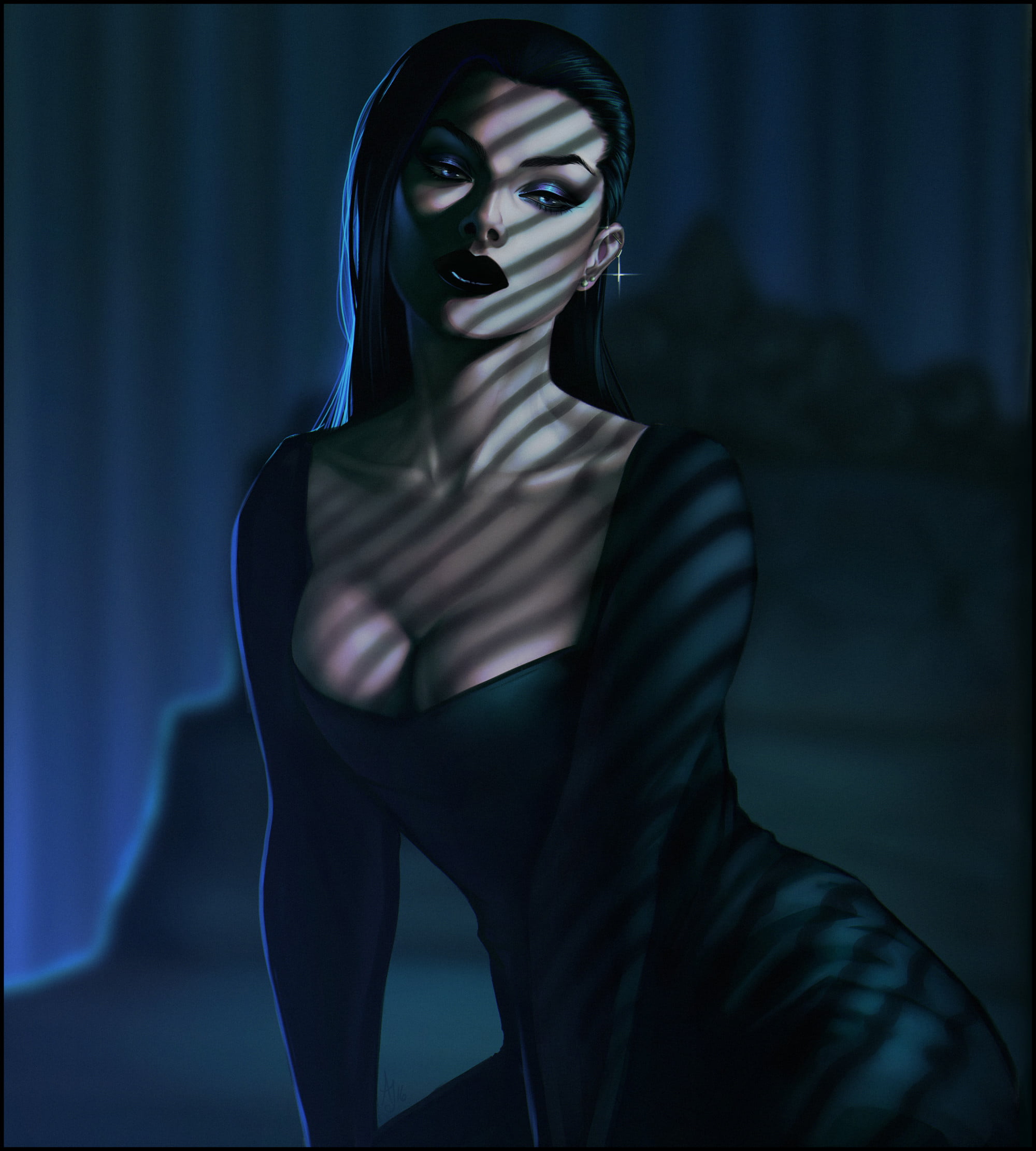 artwork, looking away, digital painting, portrait display, 1080P, dark lipstick, ArtStation, Alexandra Jury, women, digital art, dark hair, cleavage, black, Phone HD Wallpaper