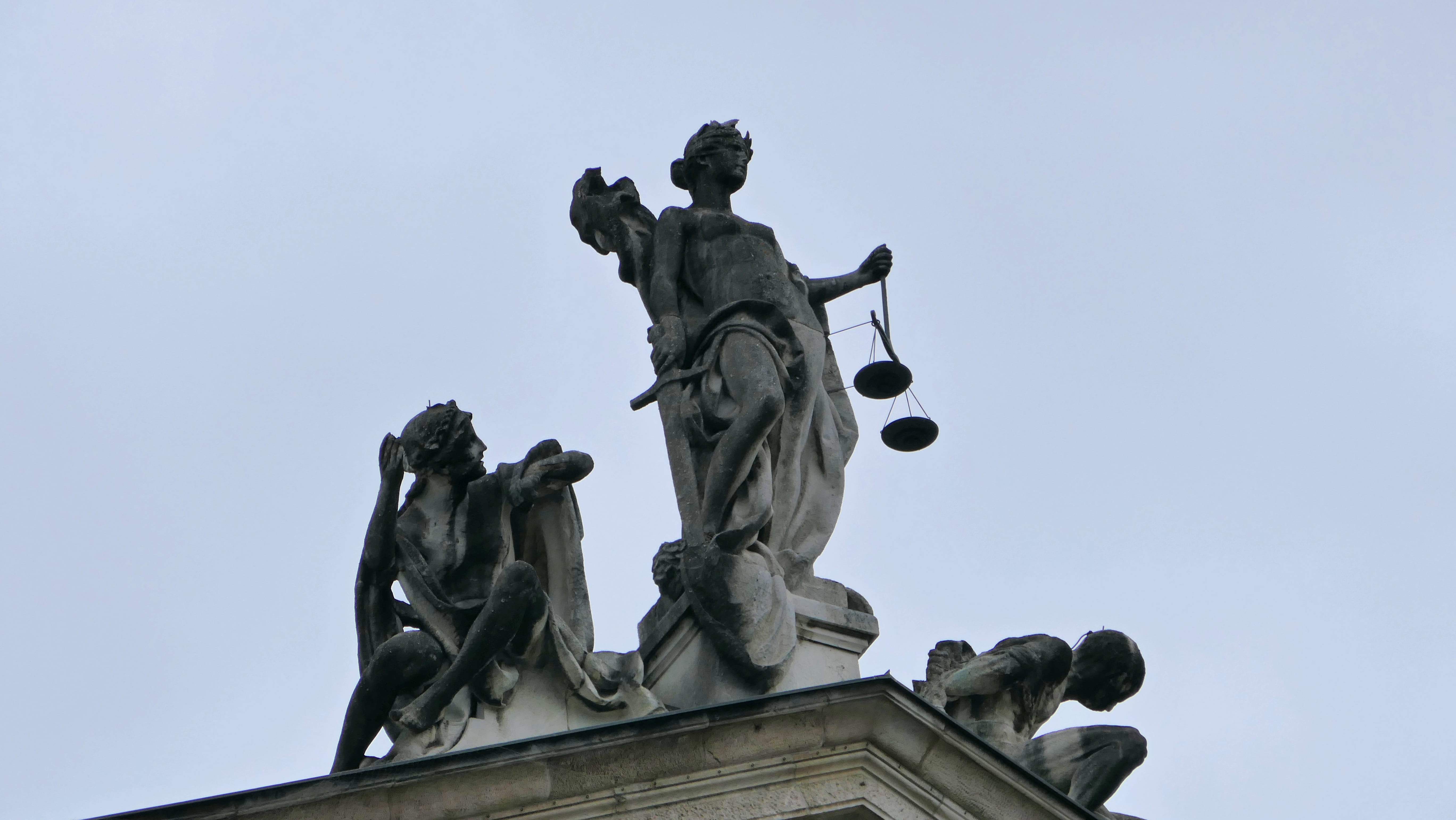 figure, munich, clear sky, human representation, sculpture, architecture, justizia, sky, art and craft, no people, law, justice building, low angle view, HD Wallpaper