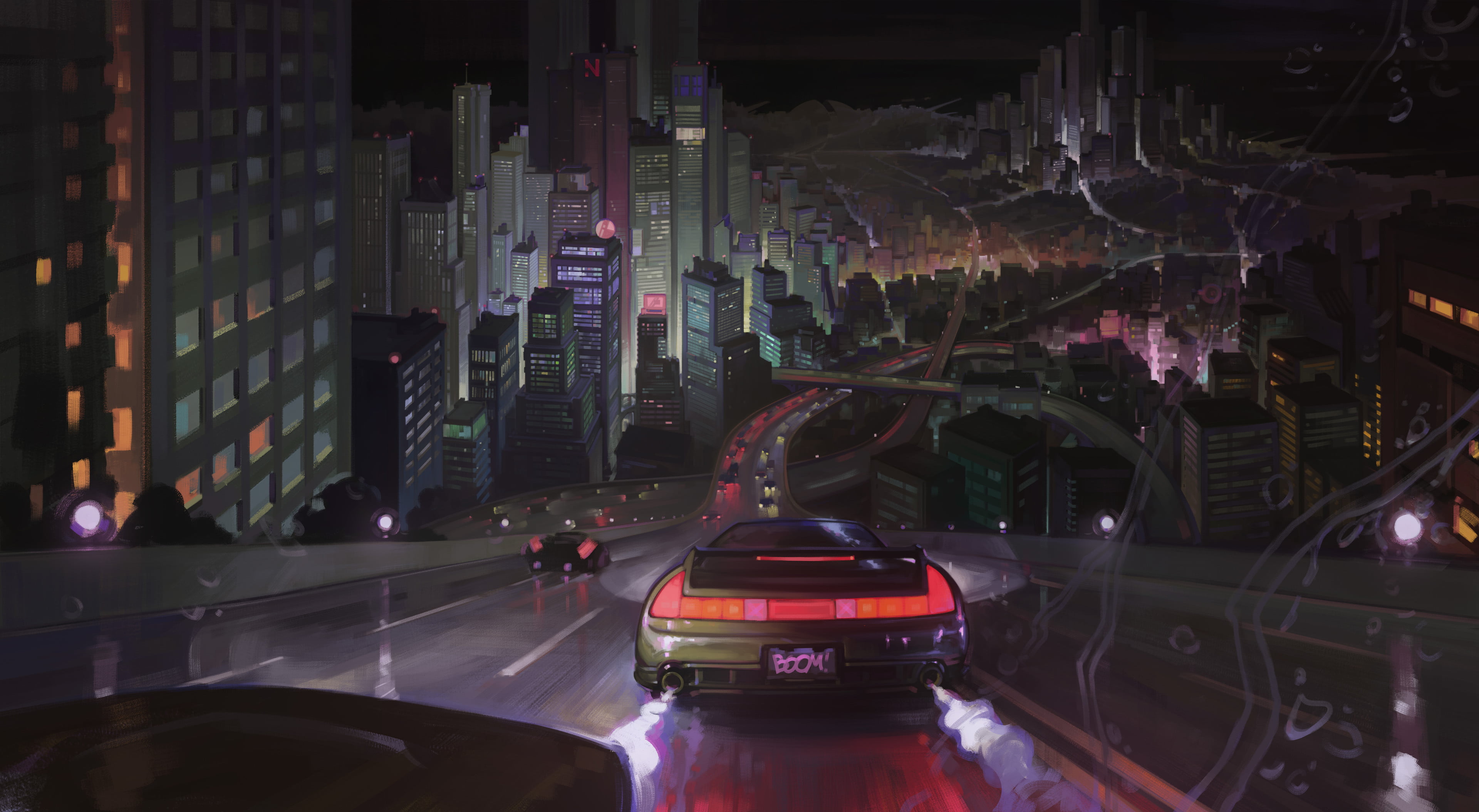 vehicle, Igor Artyomenko, cityscape, artwork, 4K, night, car, road, HD Wallpaper