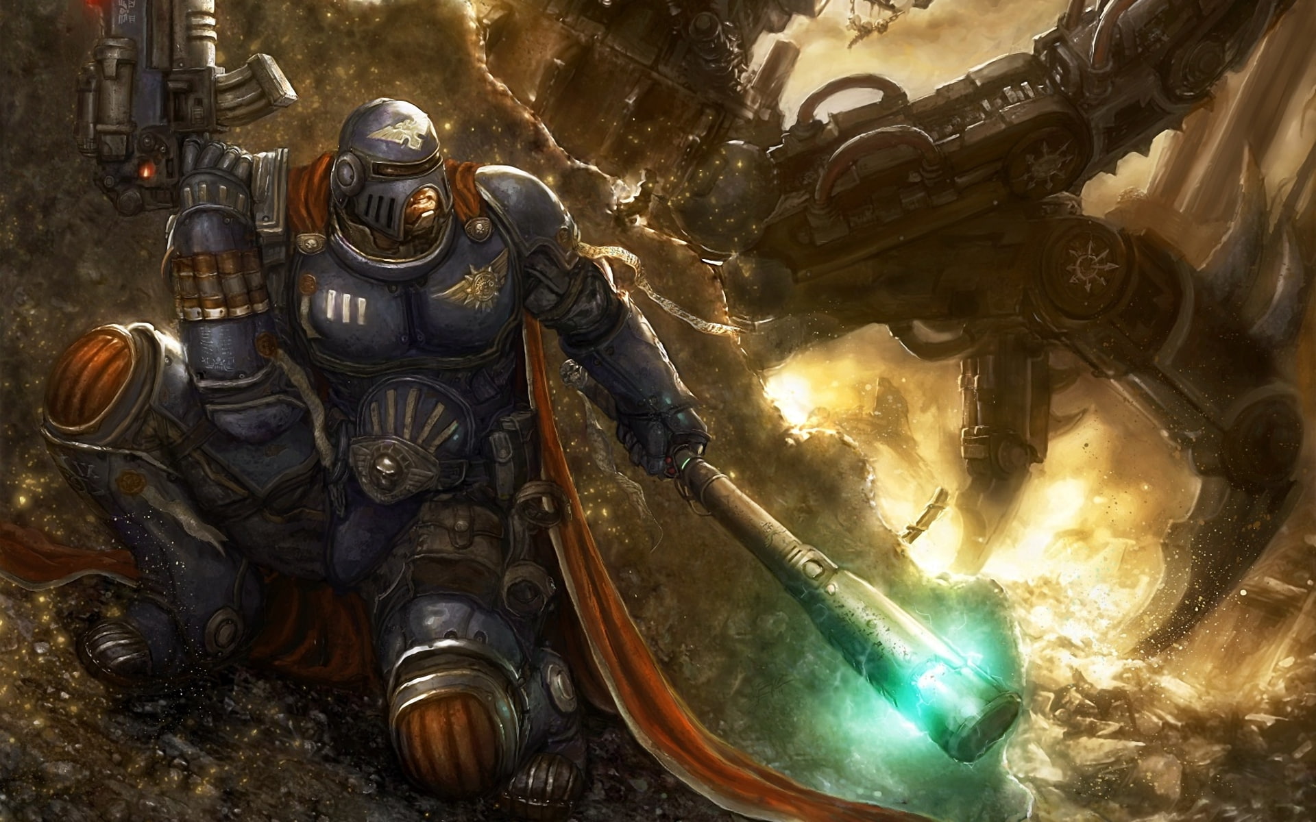 stick, in the shelter, Warhammer, battle, 1080P, bolter, Dark Heresy, Book of Judgement, power armor, cloak, mechanism, fire, soldiers, HD Wallpaper