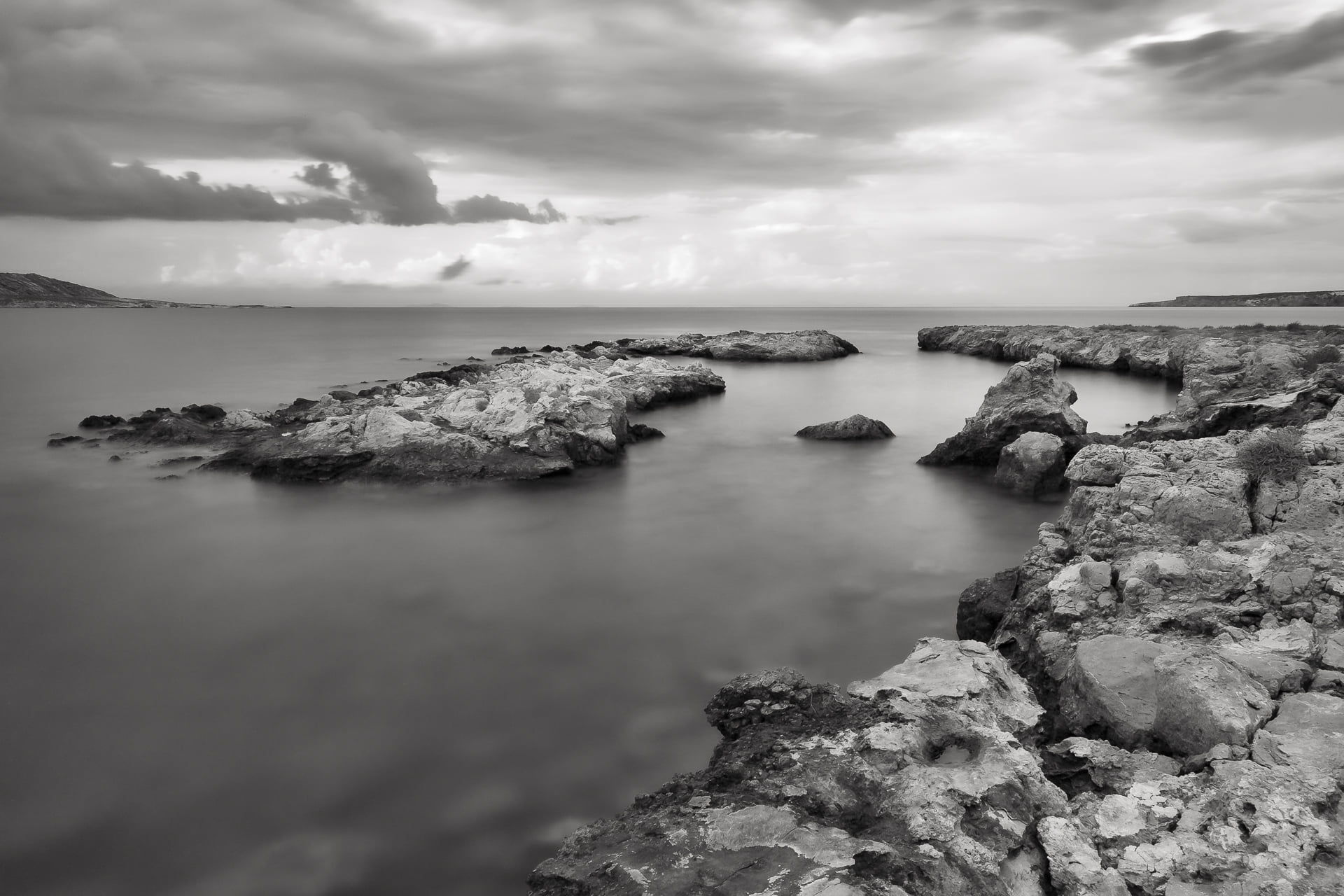 landscape, b/w, scenics, coastline, seascape, sunset, Greece, nature, BlackandWhite, photography, body of water, sea, rock formation, body, Naoussa, near, HD Wallpaper
