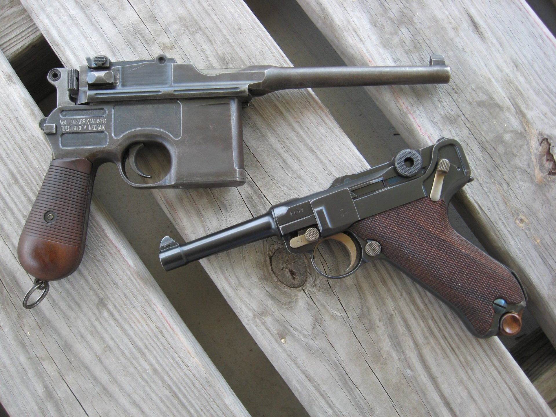 violence, Mauser Pistol, close-up, gun, table, aggression, safety, warning sign, 1080P, crime, law, metal, wood - material, security, indoors, handgun, HD Wallpaper