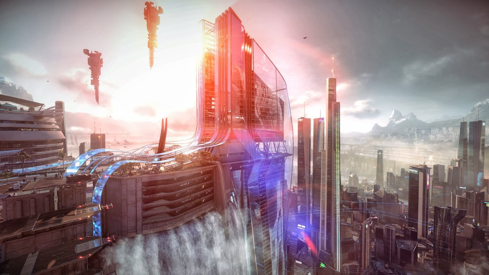 lens flare, transportation, pollution, sunlight, science fiction, high, Killzone: Shadow Fall, skyscraper, rise, built structure, nature, sunset, cityscape, HD Wallpaper