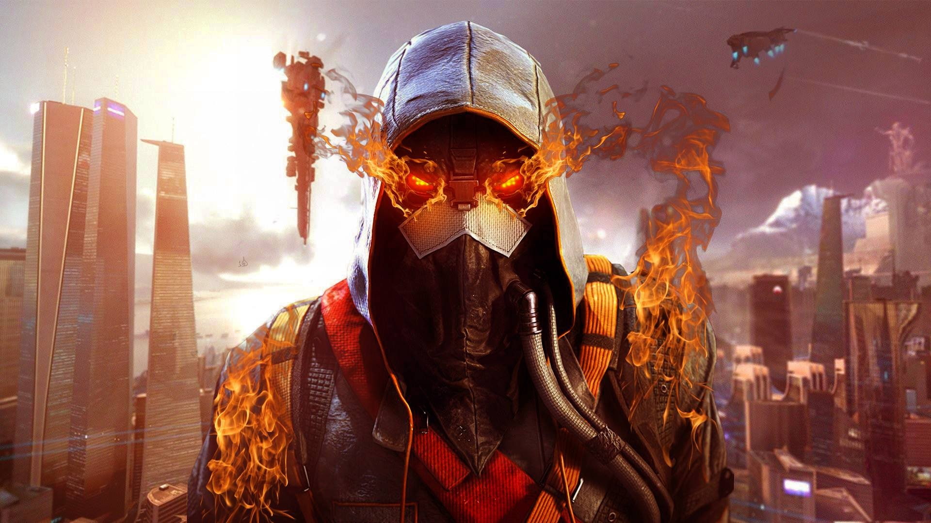 lens flare, Killzone, architecture, 1080P, skyscraper, waist up, adult, unrecognizable person, built structure, video games, day, one person, front view, HD Wallpaper