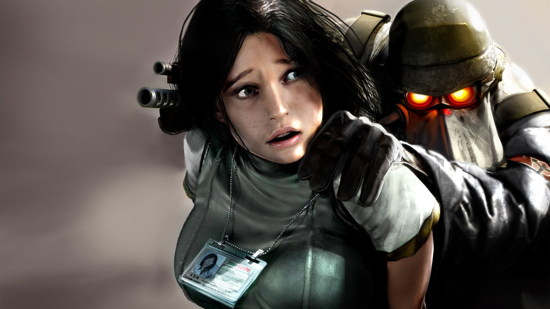 young adult, headshot, application, clothing, Killzone, gun, studio shot, game, front view, holding, two people, digital, indoors, people, looking at camera, HD Wallpaper