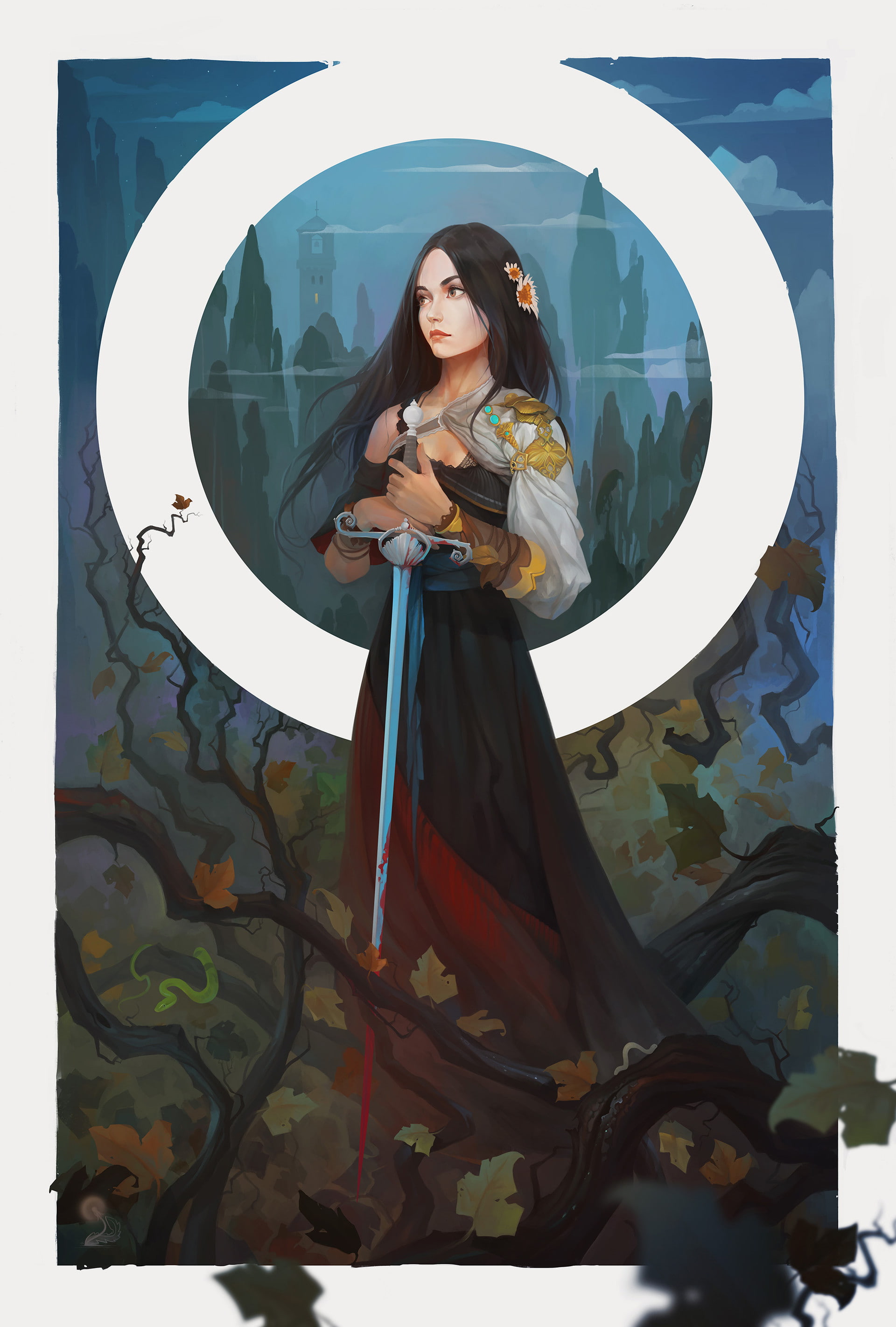 women, Igor Artyomenko, forest, dress, digital art, brunette, 2K, sword, Phone HD Wallpaper