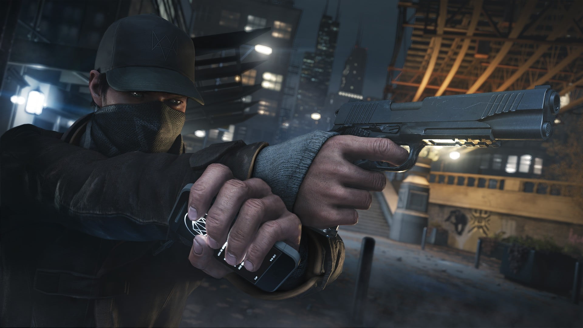 gray, leisure activity, built structure, Watch_Dogs, night, young adult, hat, young men, waist up, real people, 1080P, pistol, architecture, semi, automatic, HD Wallpaper