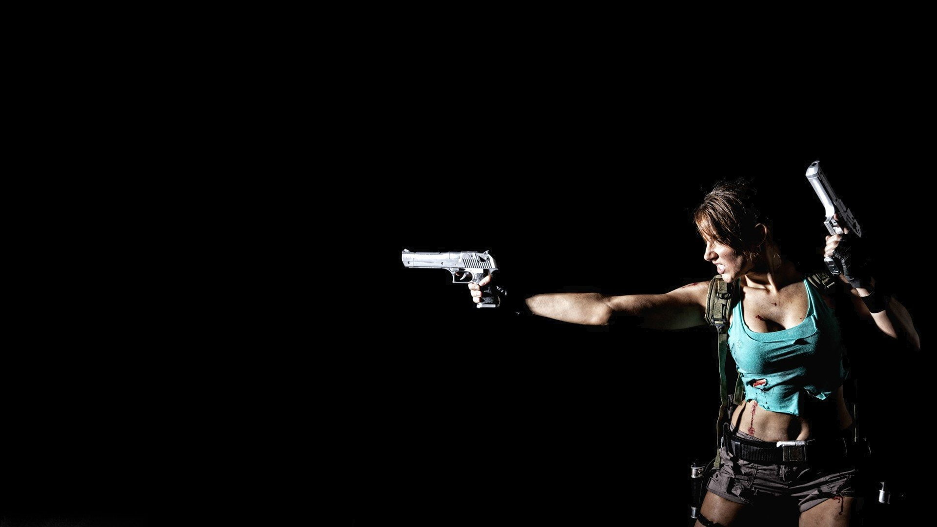 weapon, tomb, girl, black, lara, handguns, pistol, raider, babe, brunette, gun, 1080P, sexy, croft, cosplay, HD Wallpaper