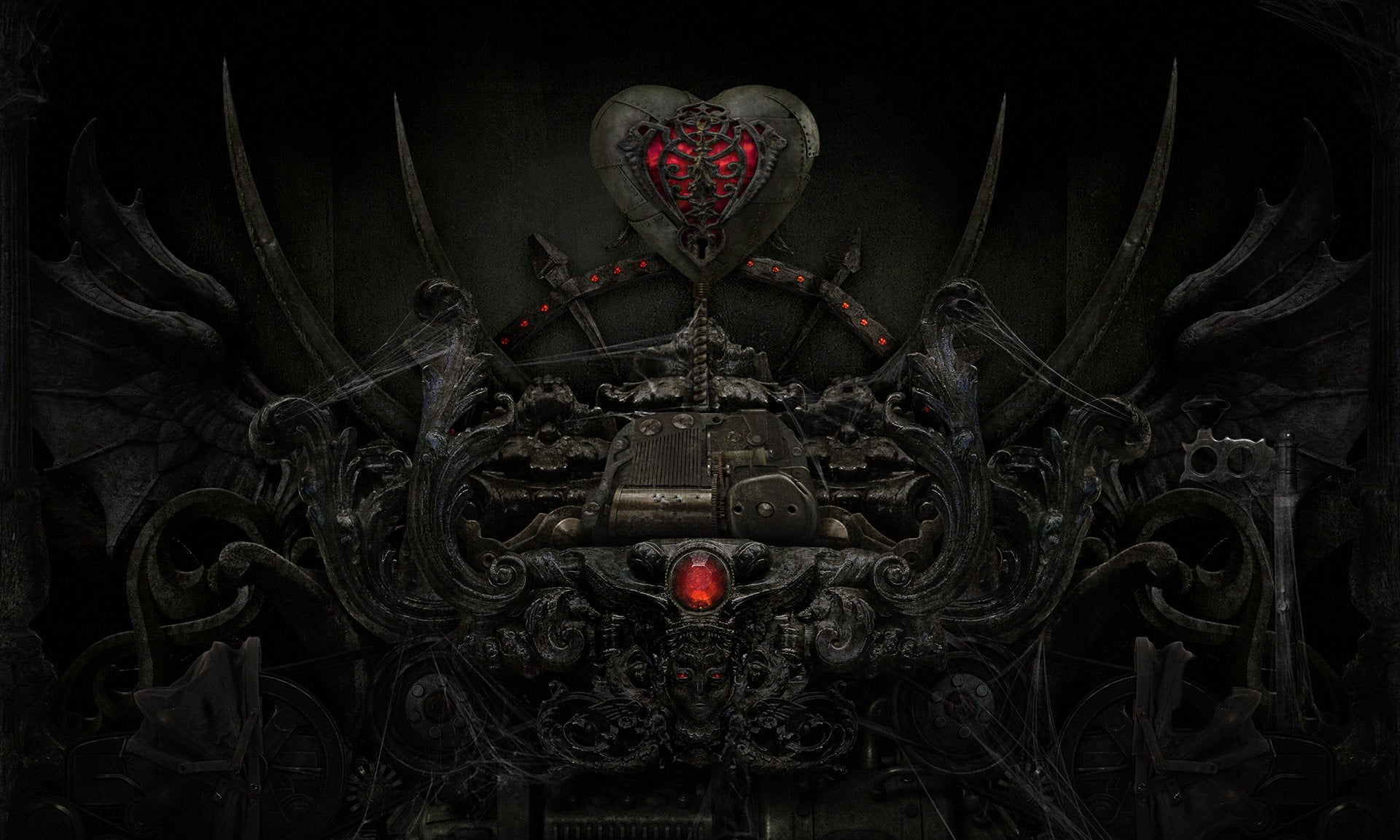 shape, backgrounds, 1080P, indoors, mechanism, transportation, web, pattern, old, elegance, medieval, symmetry, art, antique, design, symbol, the dark background, HD Wallpaper