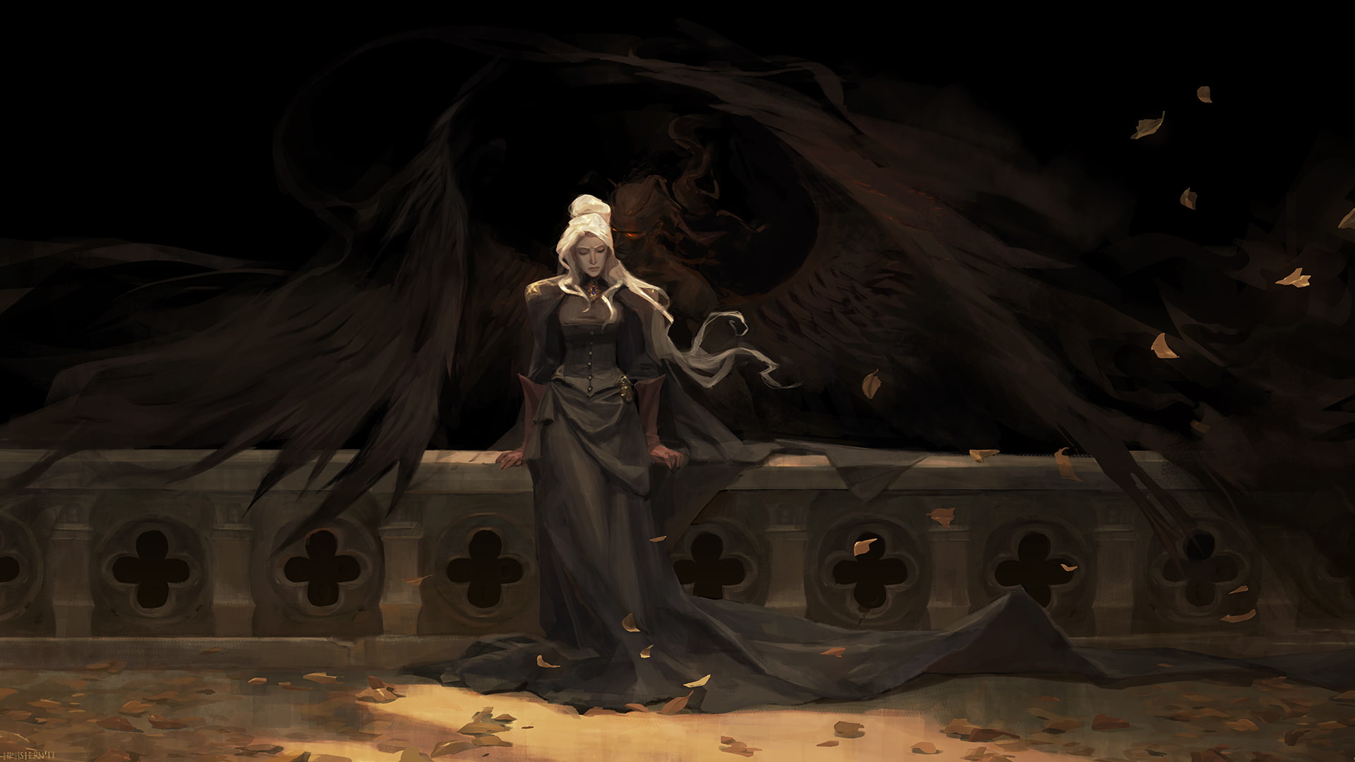 fantasy art, wind, 1080P, Devil, fantasy girl, leaves, digital art, artwork, HD Wallpaper
